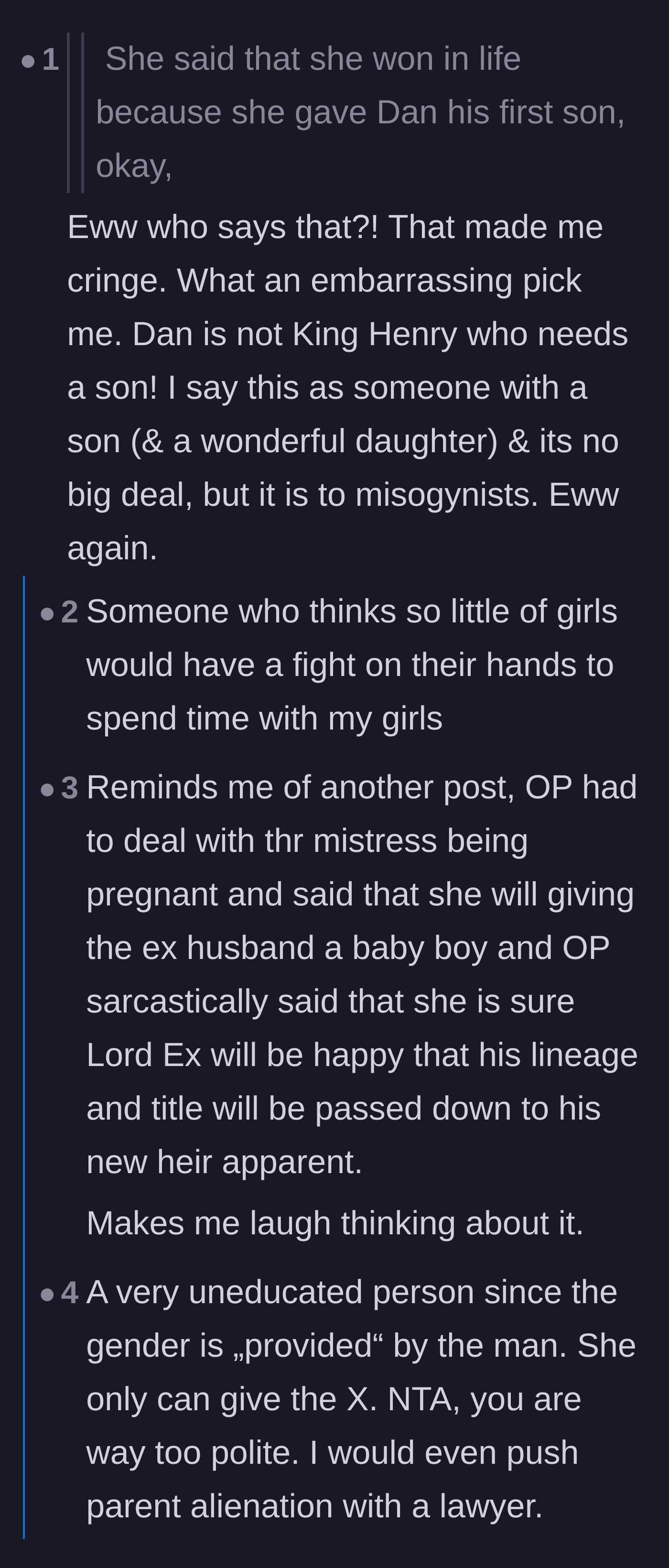 Comment thread 4 - Readers mock the affair partner's outdated flex about providing a male heir, comparing the ex-husband to a medieval king.