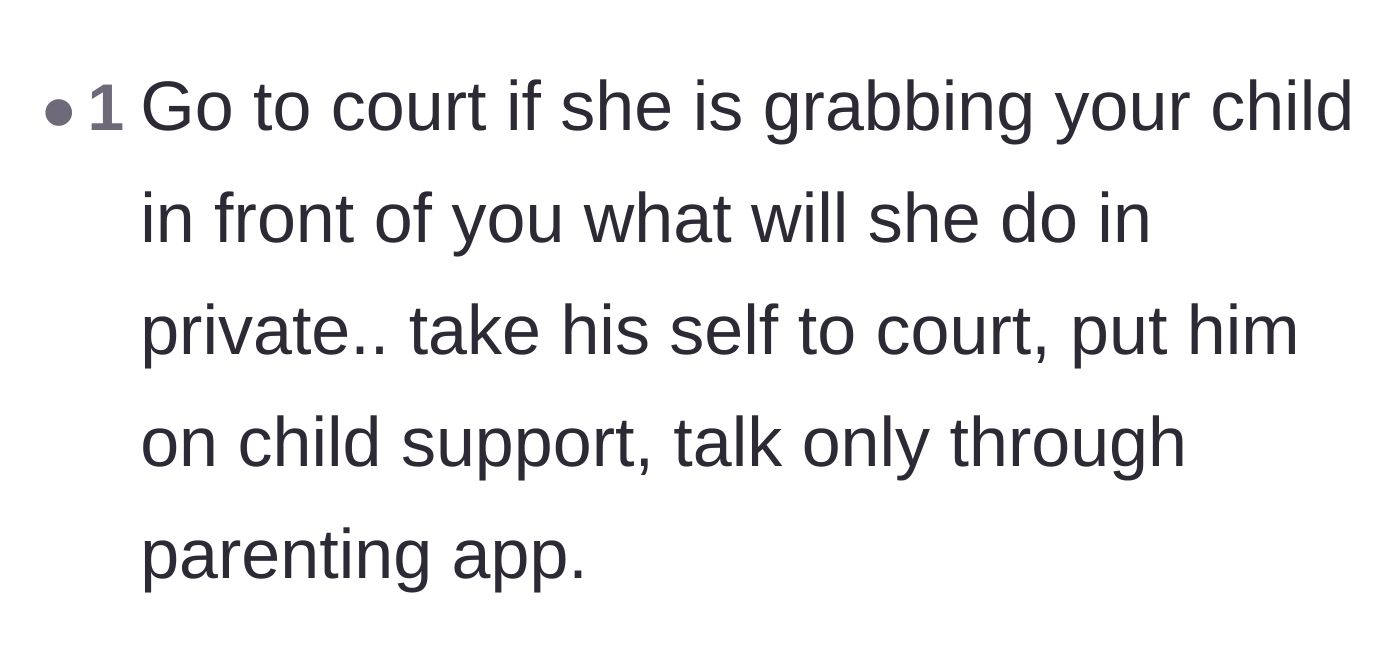 Comment thread 5 - A user strongly urges the mother to take her ex-husband to court, establish official child support, and restrict communication.