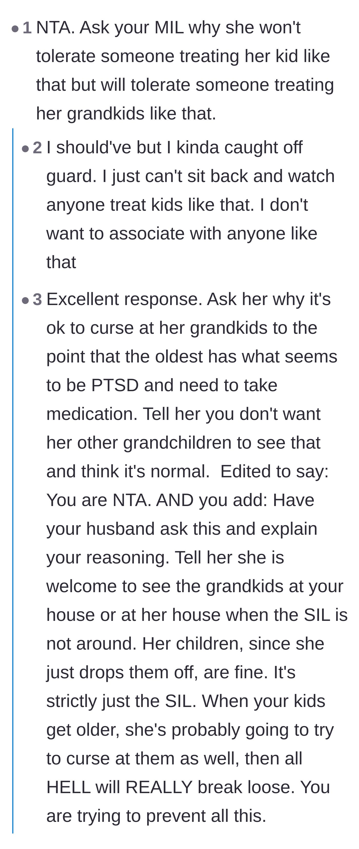 Comment thread 1 - Readers pointing out the mother-in-law's hypocrisy in defending her adult daughter while ignoring the blatant abuse of her grandchildren.