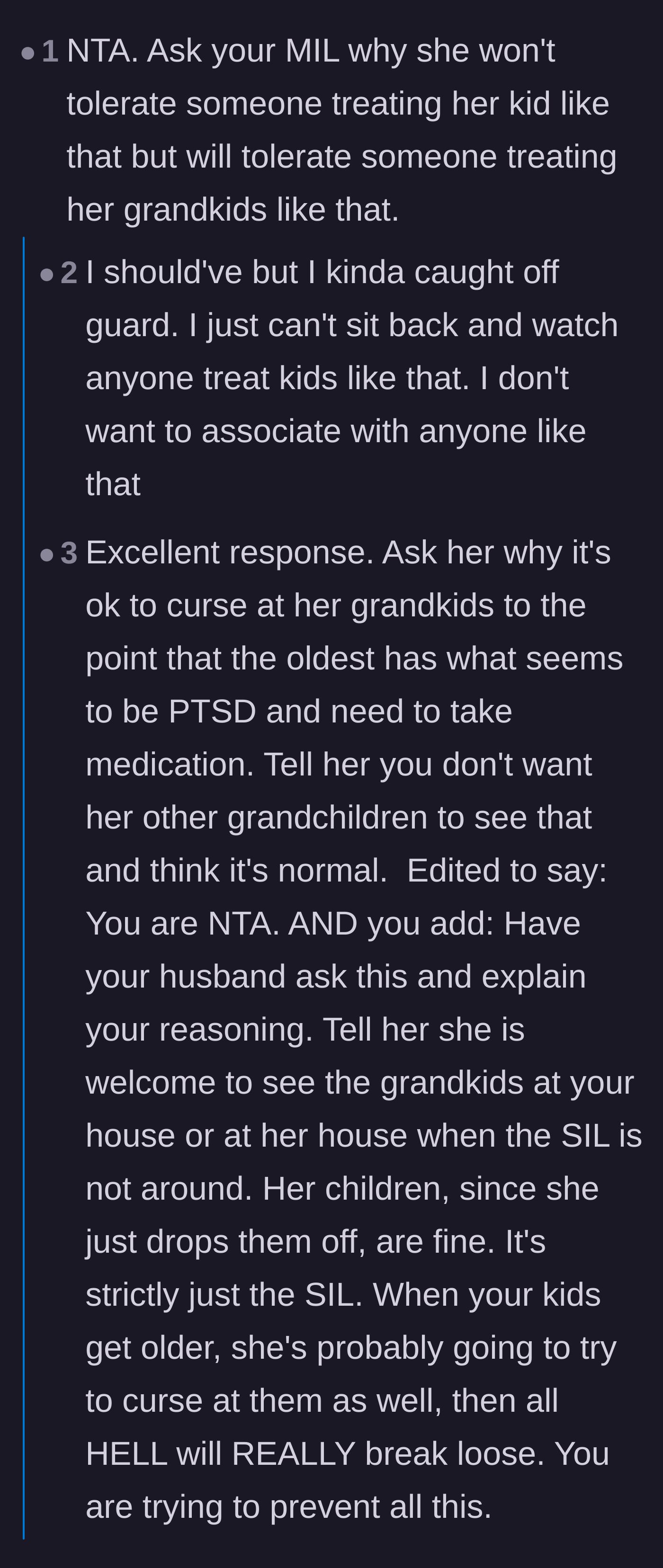 Comment thread 1 - Readers pointing out the mother-in-law's hypocrisy in defending her adult daughter while ignoring the blatant abuse of her grandchildren.
