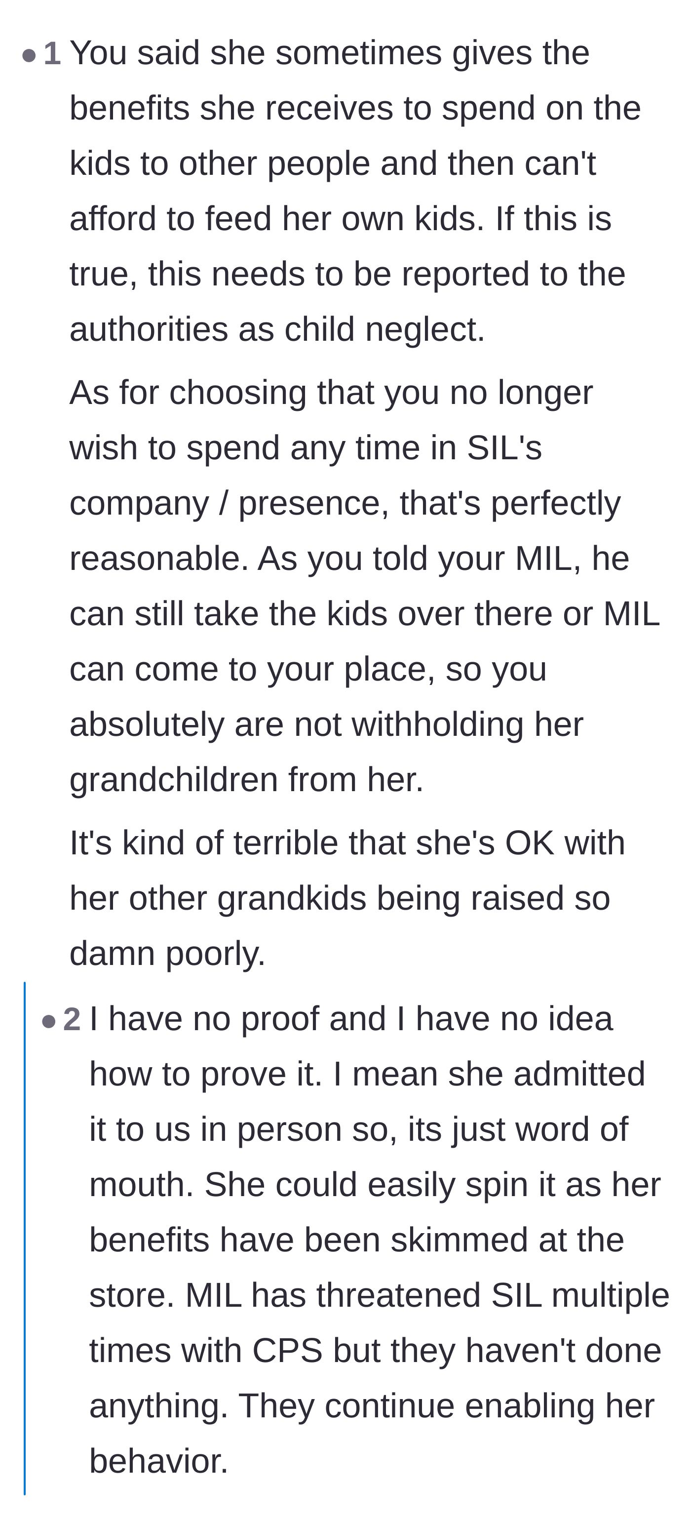 Comment thread 2 - A discussion about reporting the sister-in-law to child protective services, revealing the mother-in-law's history of covering up the neglect.