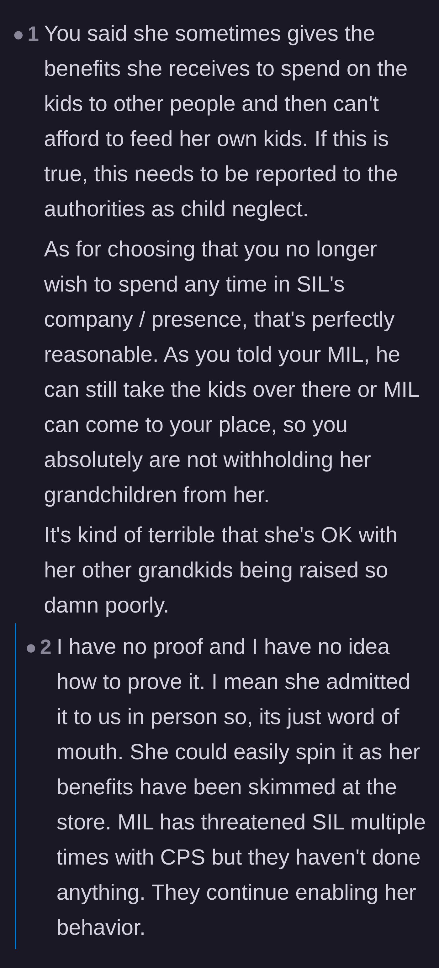 Comment thread 2 - A discussion about reporting the sister-in-law to child protective services, revealing the mother-in-law's history of covering up the neglect.