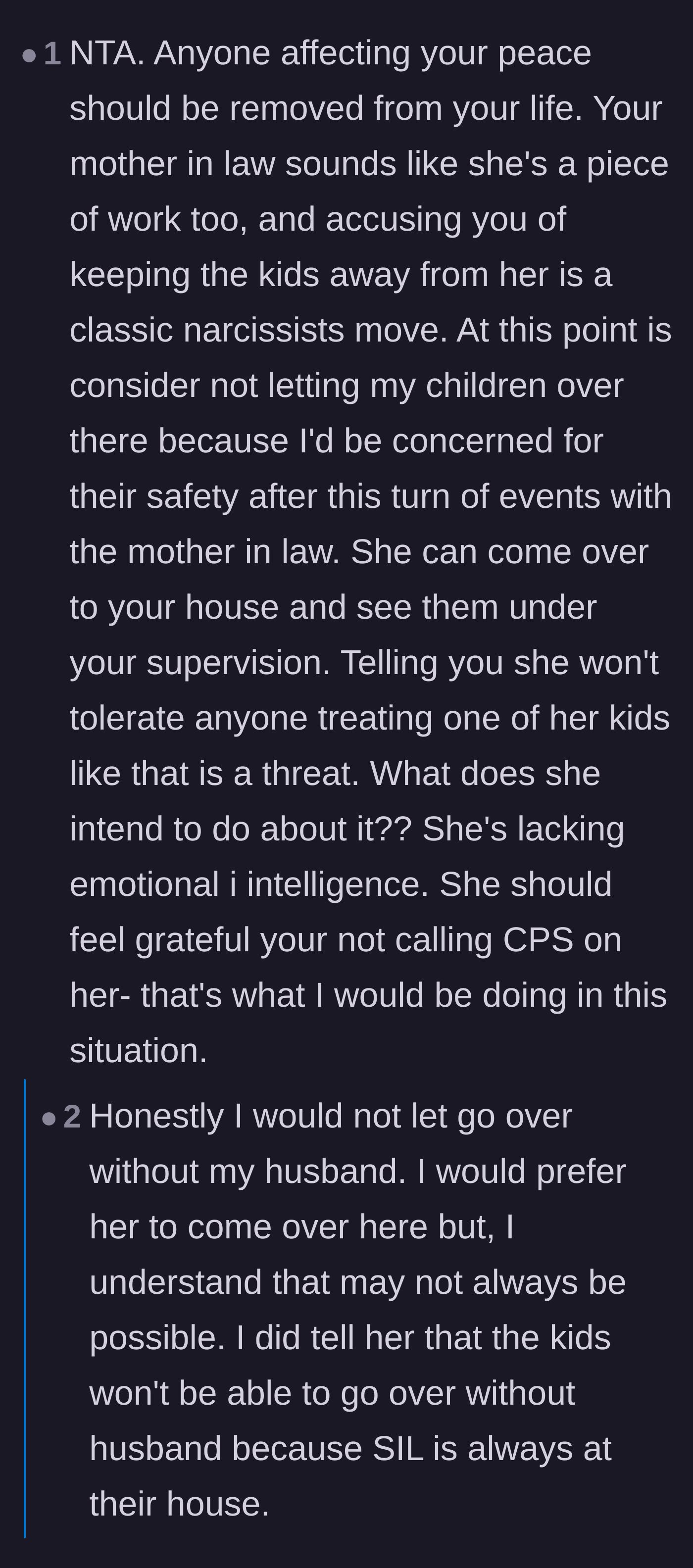 Comment thread 3 - Advice urging the author to completely stop her own children from visiting the mother-in-law's house to avoid exposure to the toxic environment.