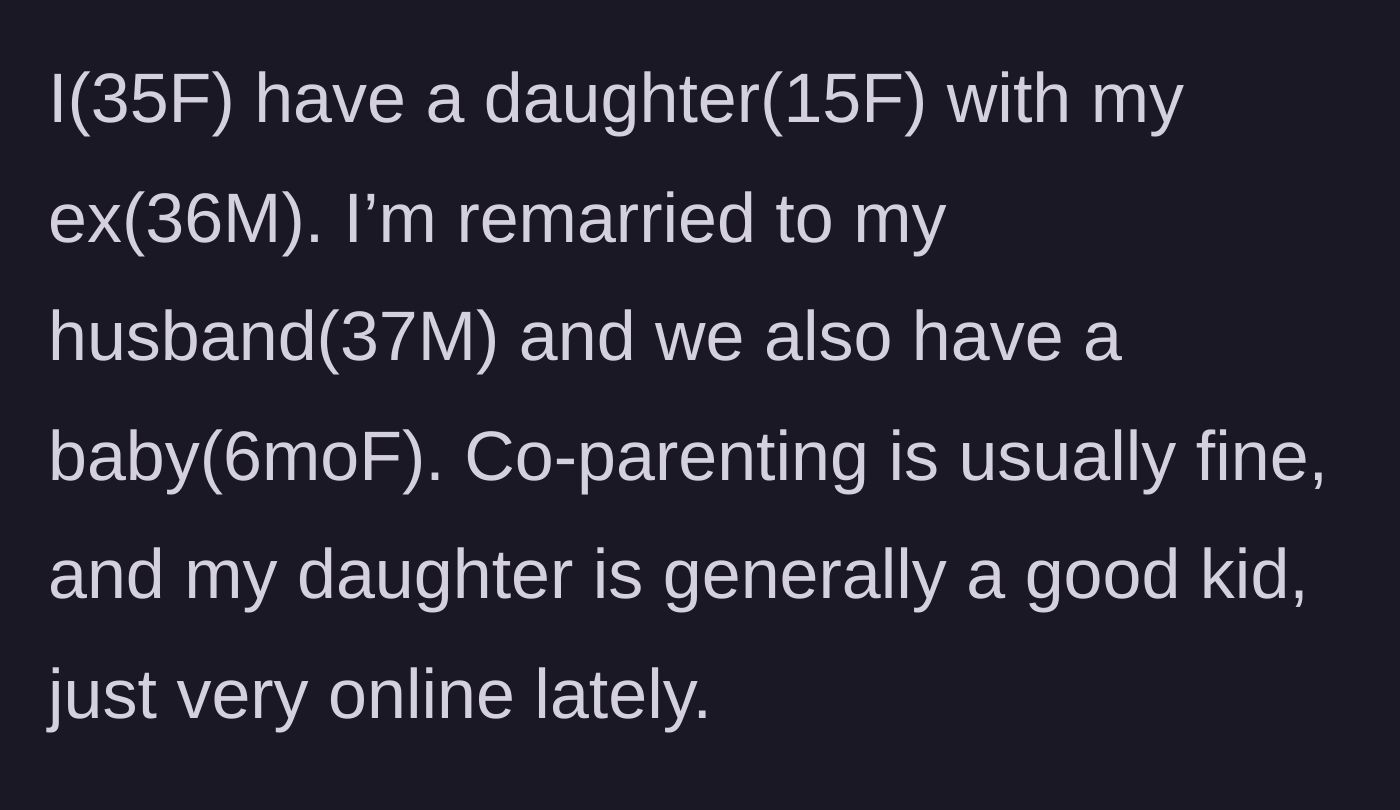 Story part 1 - Introduction of the 35-year-old mother, her blended family setup, and her chronically online 15-year-old daughter.
