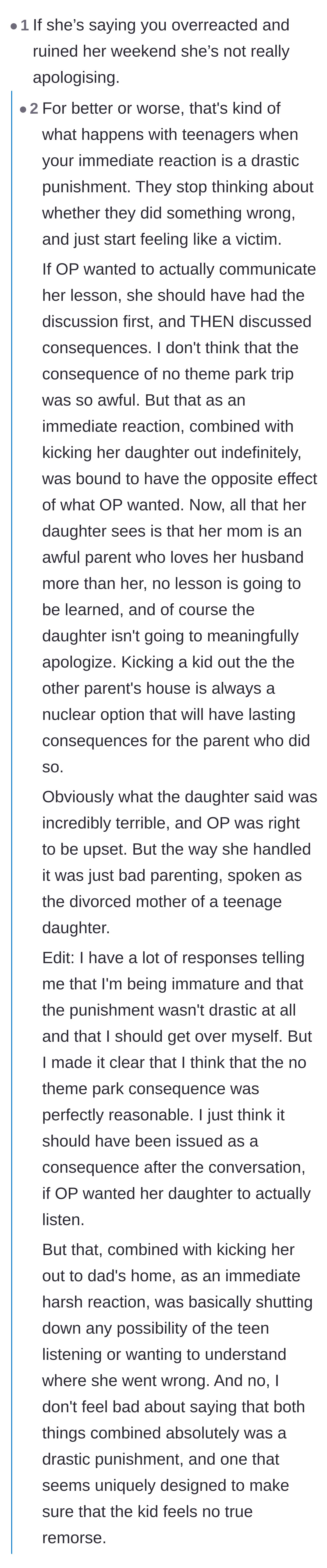 Comment thread 1 - A debate on how immediate harsh punishments can backfire and make teenagers feel like victims instead of learning a lesson.