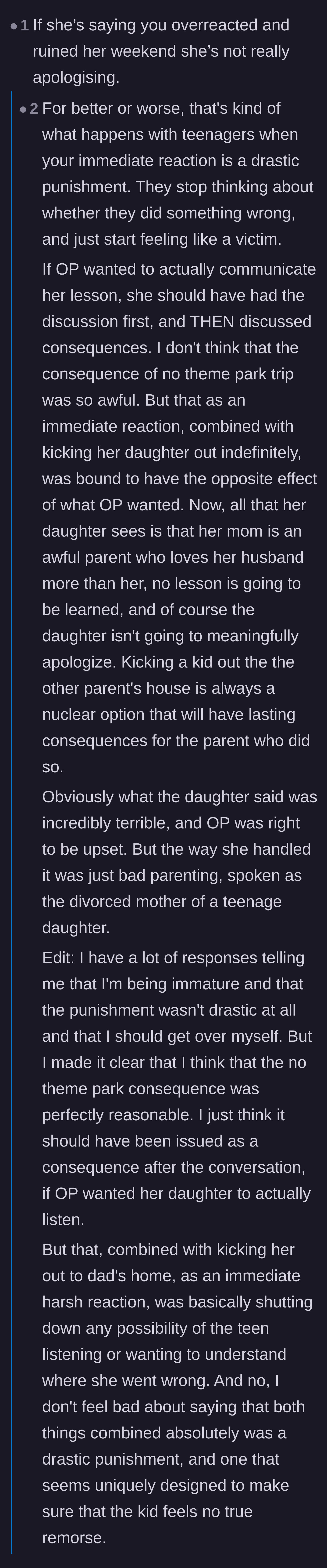 Comment thread 1 - A debate on how immediate harsh punishments can backfire and make teenagers feel like victims instead of learning a lesson.