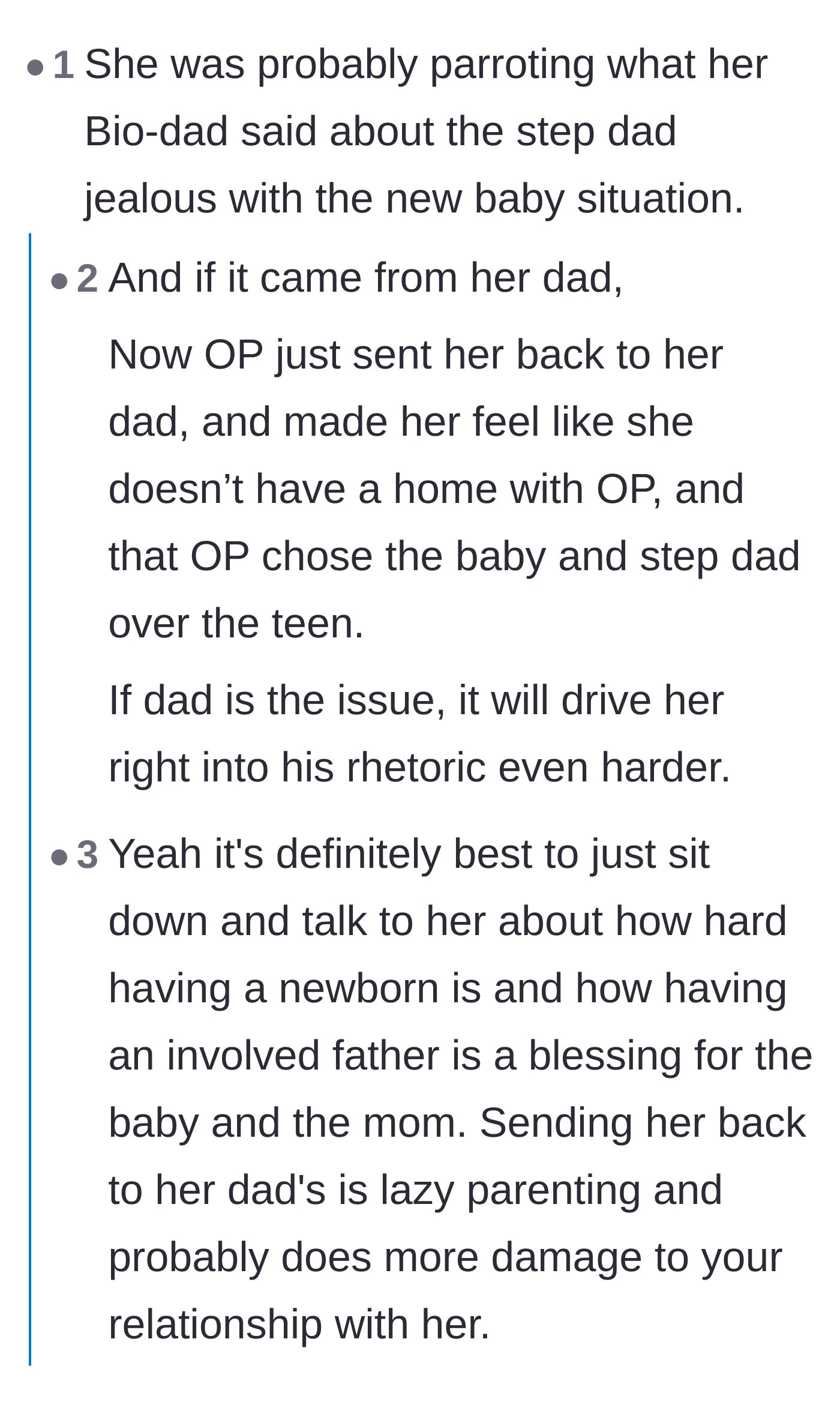 Comment thread 2 - Speculation that the daughter's sexist remarks were actually parroted from her biological father.