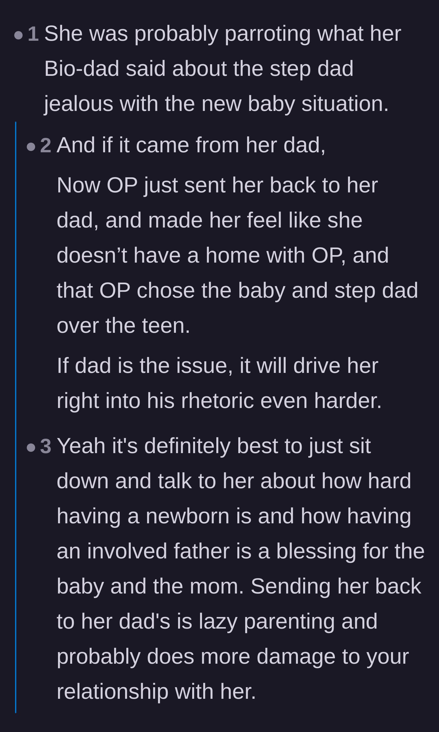 Comment thread 2 - Speculation that the daughter's sexist remarks were actually parroted from her biological father.