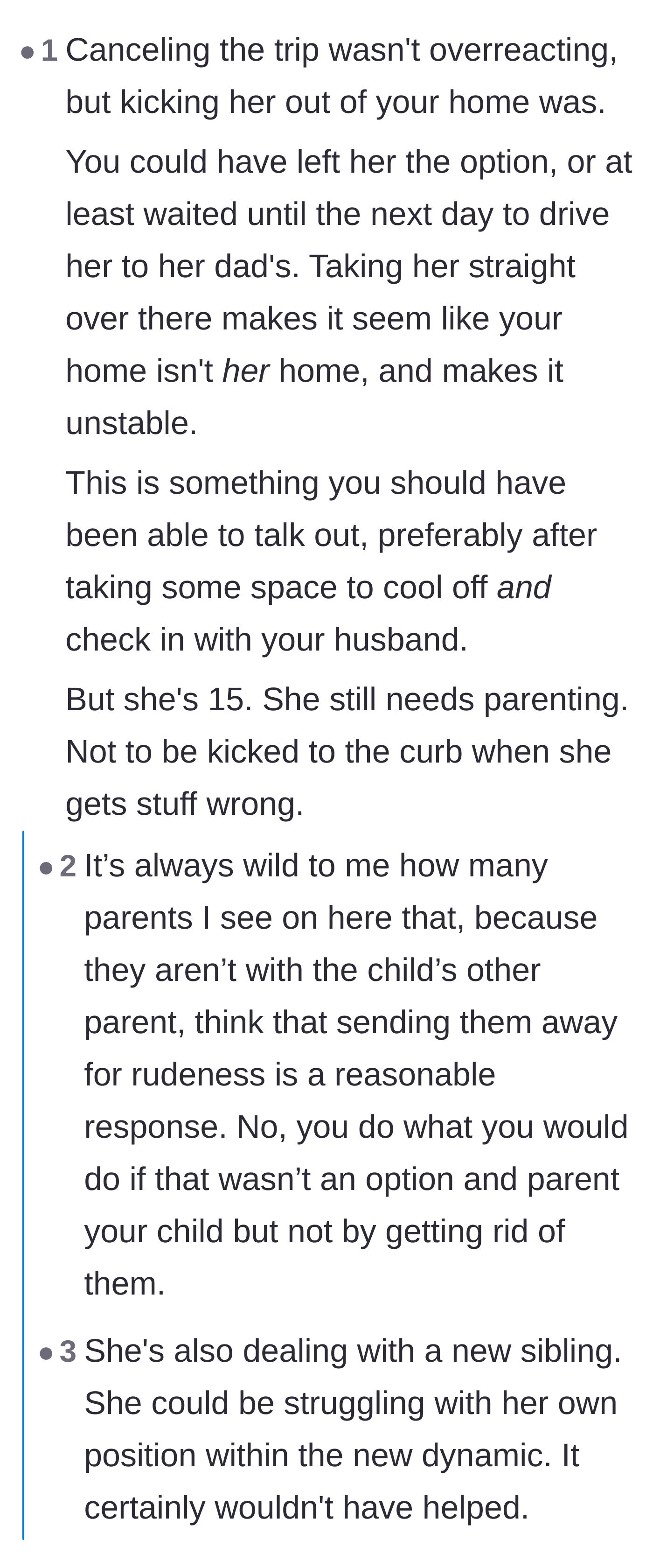 Comment thread 3 - Discussion on how canceling the amusement park trip was justified, but forcing the teenager out of her home was an overreaction.