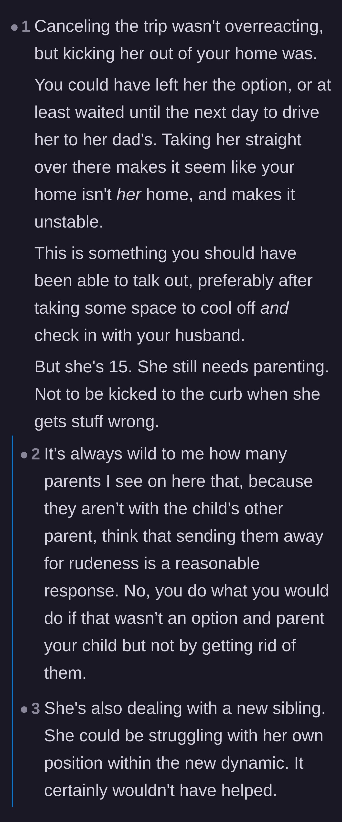 Comment thread 3 - Discussion on how canceling the amusement park trip was justified, but forcing the teenager out of her home was an overreaction.