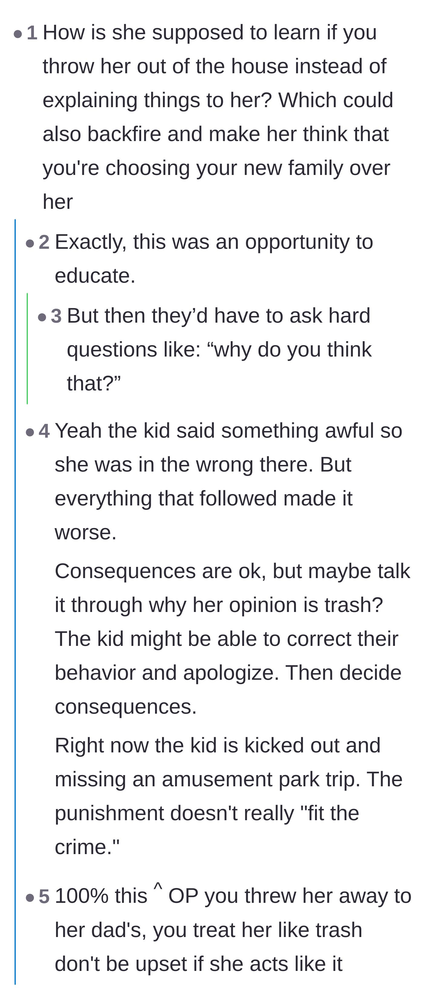 Comment thread 4 - Criticism of the mother missing a crucial teaching moment by choosing exile over an educational conversation.