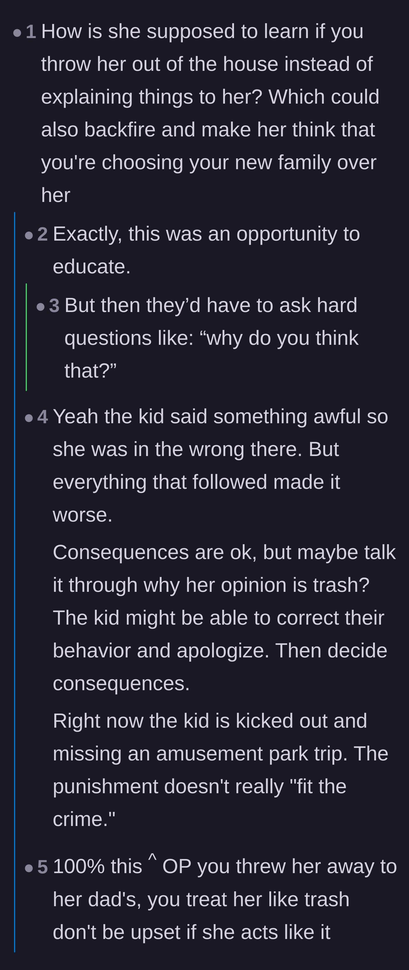Comment thread 4 - Criticism of the mother missing a crucial teaching moment by choosing exile over an educational conversation.