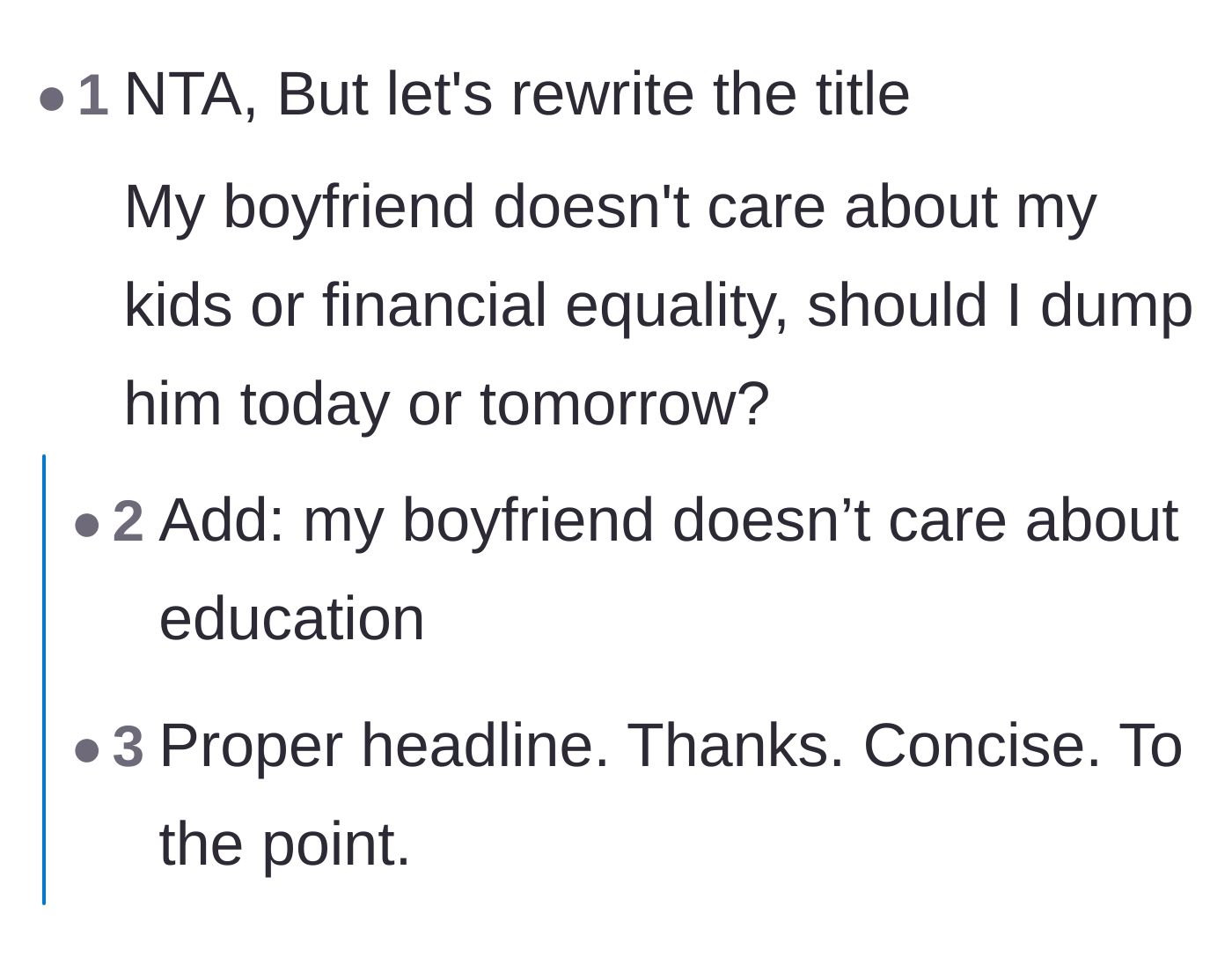 Comment thread 2 - A user rewrites the post title to accurately reflect the boyfriend's disregard for the author's children.