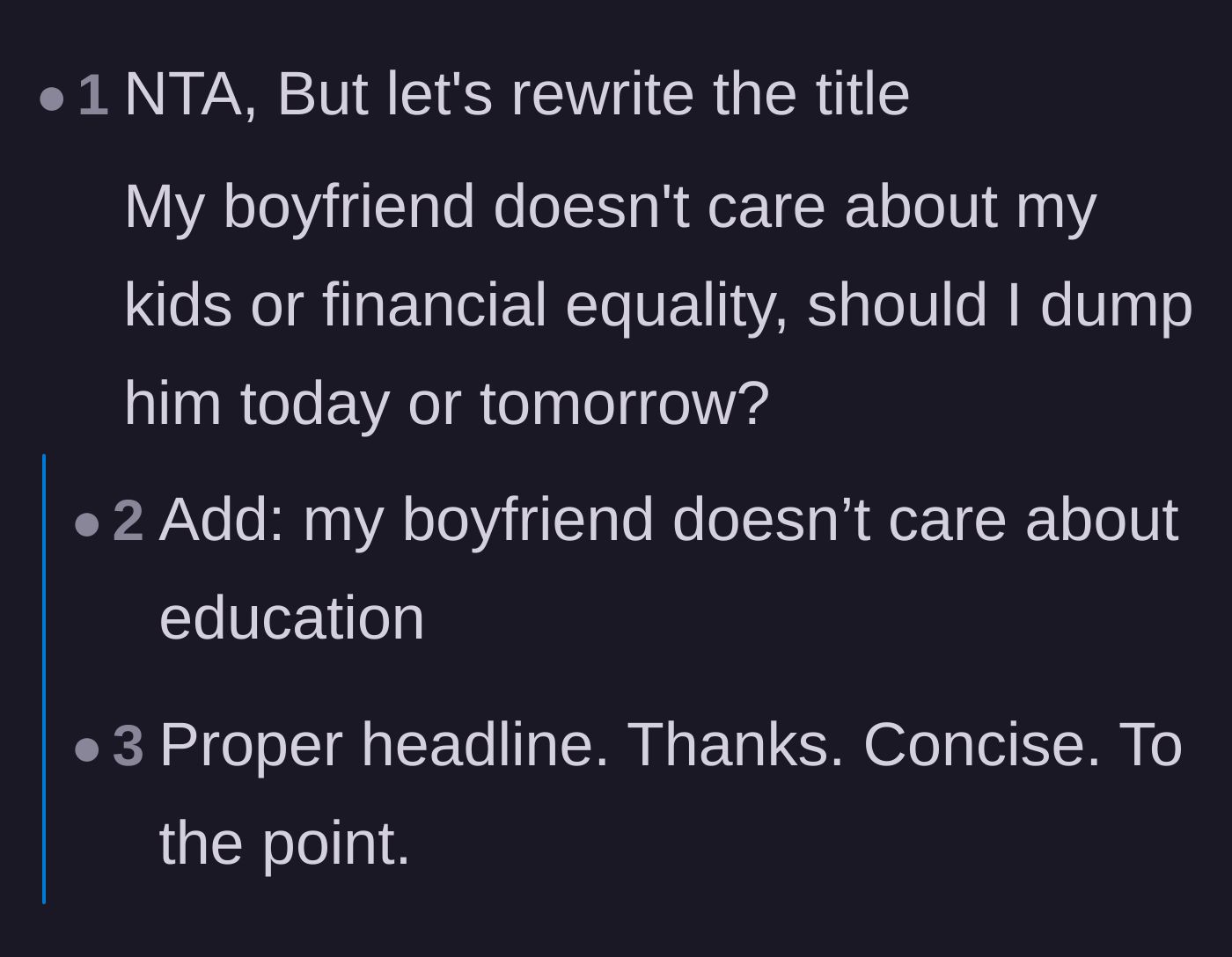 Comment thread 2 - A user rewrites the post title to accurately reflect the boyfriend's disregard for the author's children.