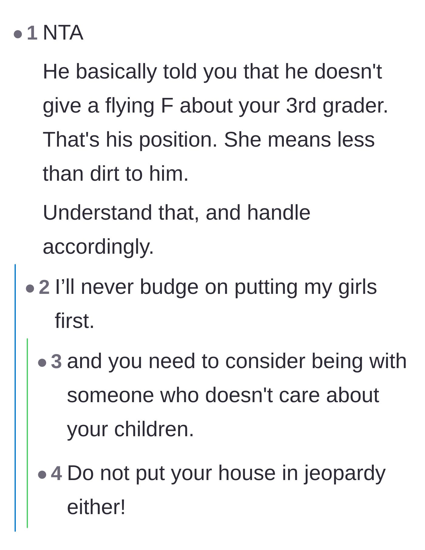 Comment thread 3 - Discussion highlighting that the boyfriend's demands prove he doesn't value the author's third-grade daughter.