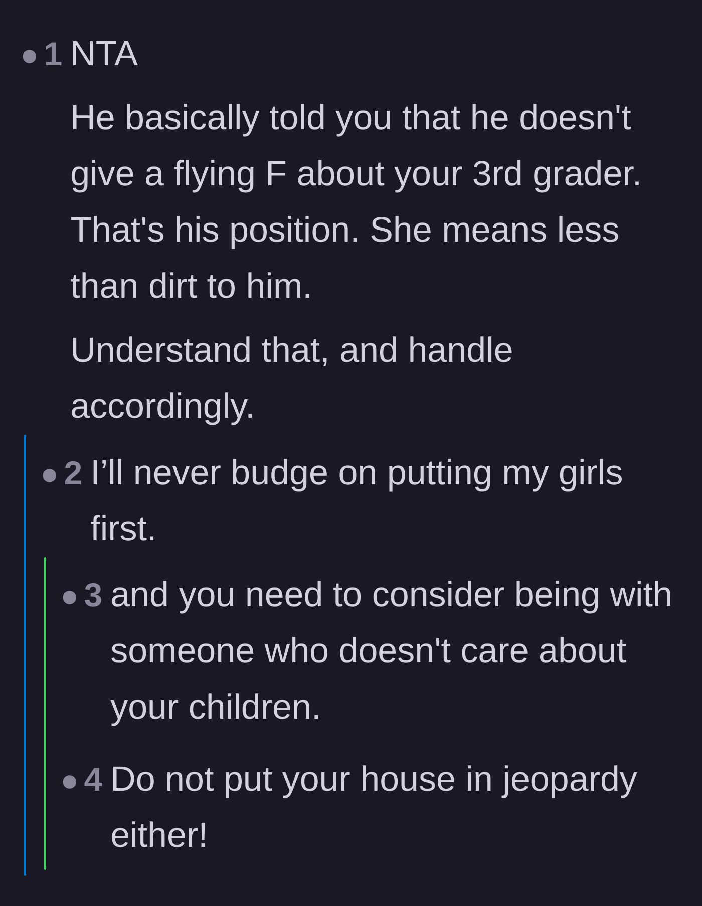 Comment thread 3 - Discussion highlighting that the boyfriend's demands prove he doesn't value the author's third-grade daughter.