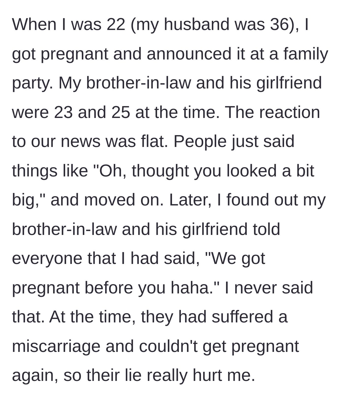Story part 1 - A family party where a young woman excitedly announces her pregnancy, but the relatives look unamused, cold, and dismissive.
