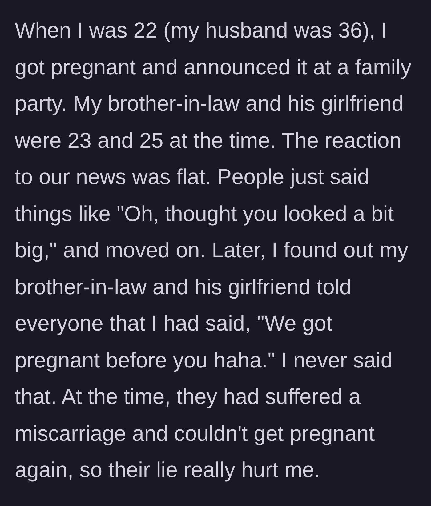 Story part 1 - A family party where a young woman excitedly announces her pregnancy, but the relatives look unamused, cold, and dismissive.