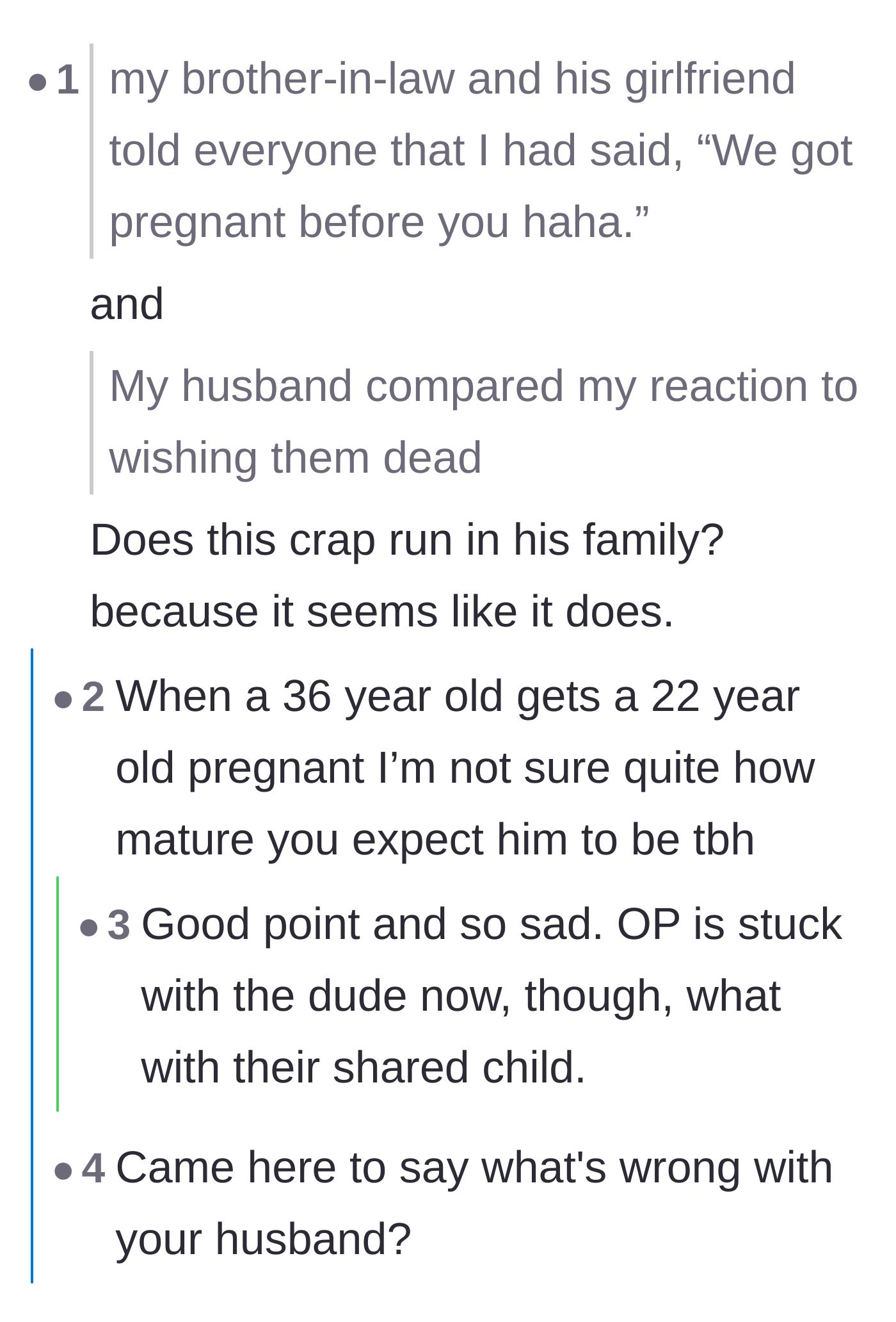 Comment thread 1 - Readers calling out the husband's concerning lack of maturity and toxic family traits regarding their age gap.