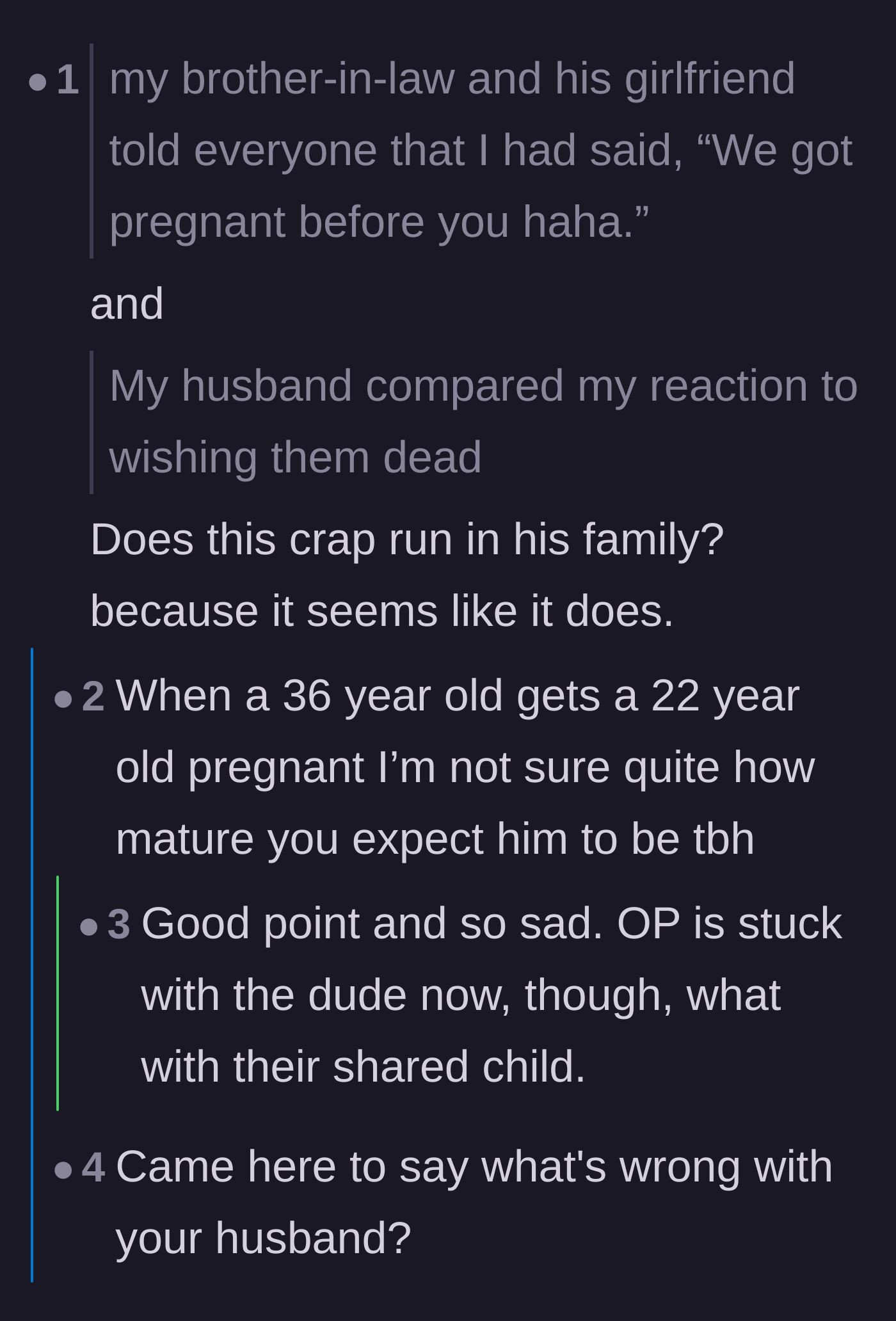 Comment thread 1 - Readers calling out the husband's concerning lack of maturity and toxic family traits regarding their age gap.