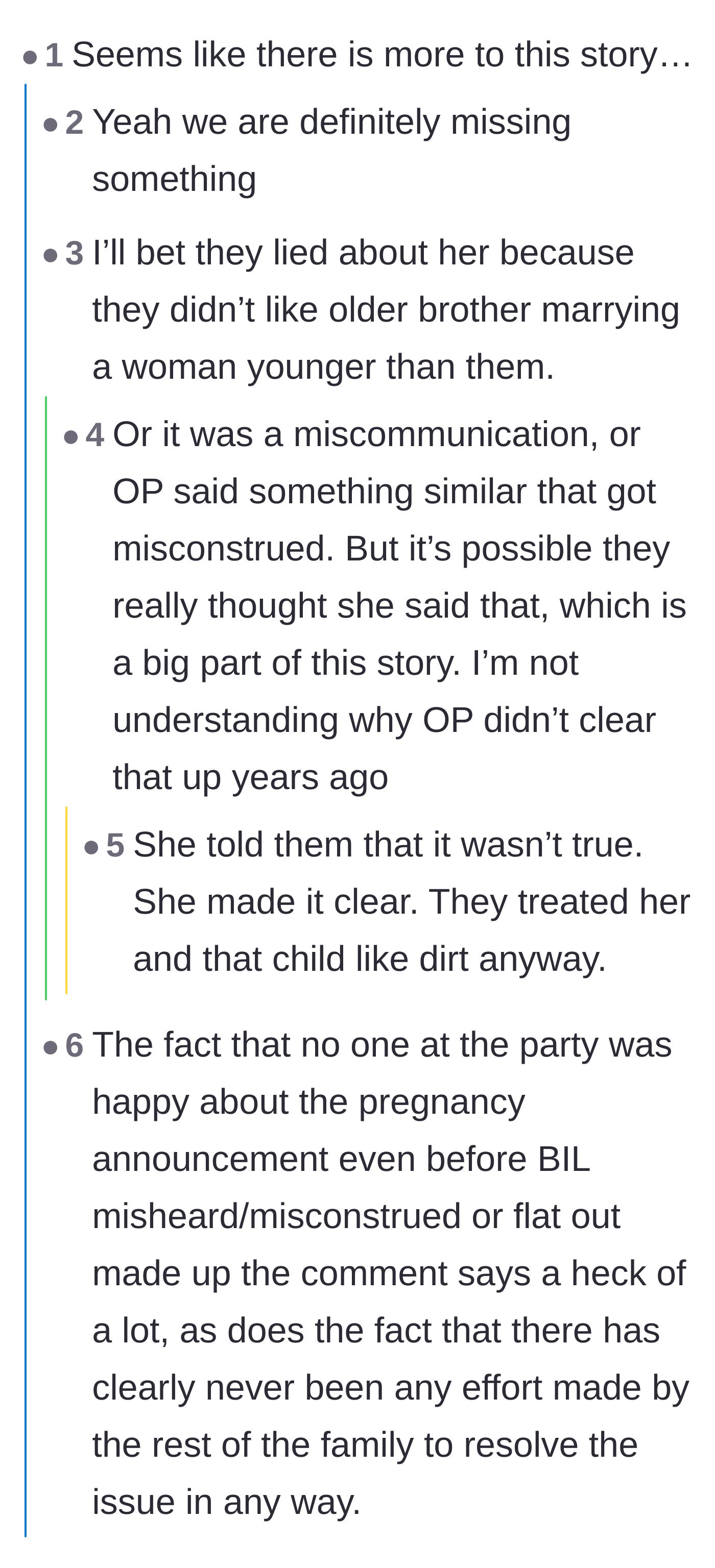 Comment thread 4 - Speculation about the family's underlying toxic dynamics and why the initial reaction to her pregnancy was so incredibly cold.