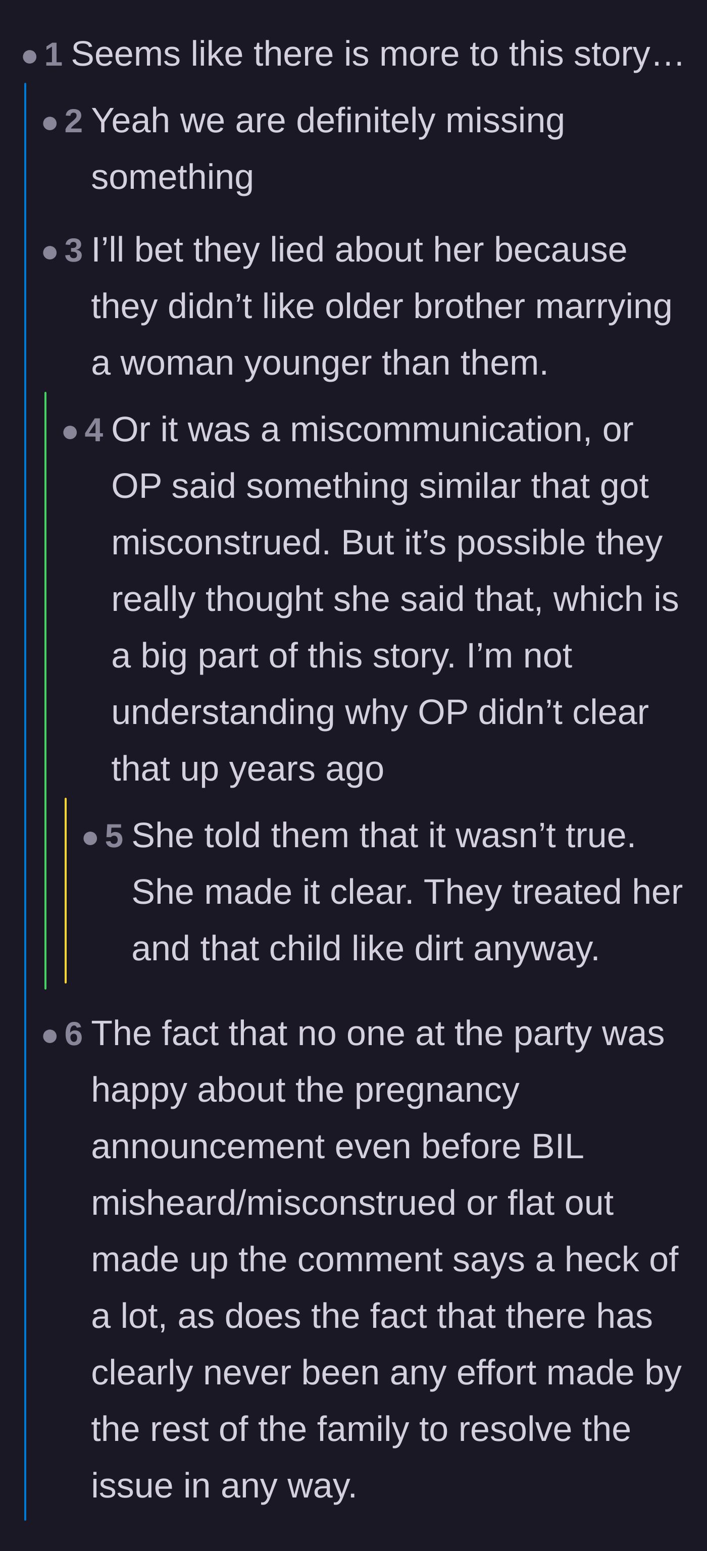 Comment thread 4 - Speculation about the family's underlying toxic dynamics and why the initial reaction to her pregnancy was so incredibly cold.
