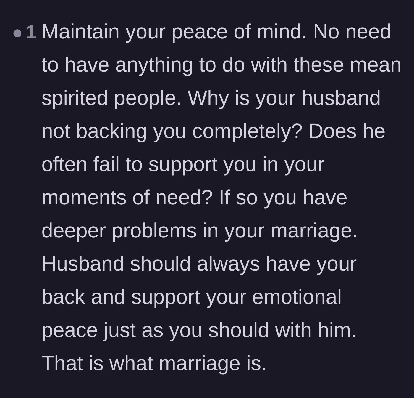 Comment thread 6 - Sobering questions about the deeper cracks in her marriage and the absolute necessity of prioritizing emotional peace.