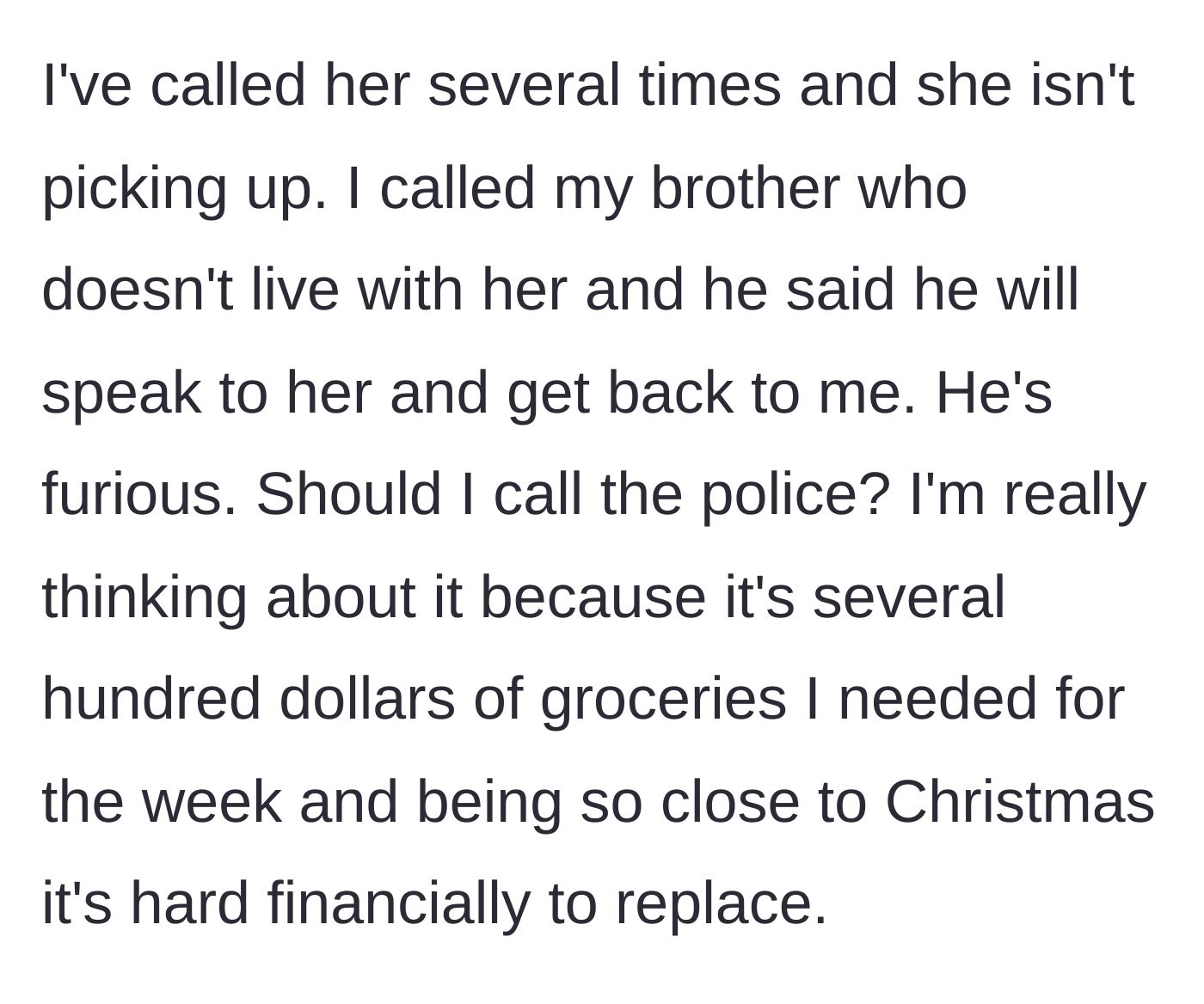 Story part 4 - The mother contemplates calling the police over the stolen groceries, noting the severe financial impact right before Christmas.