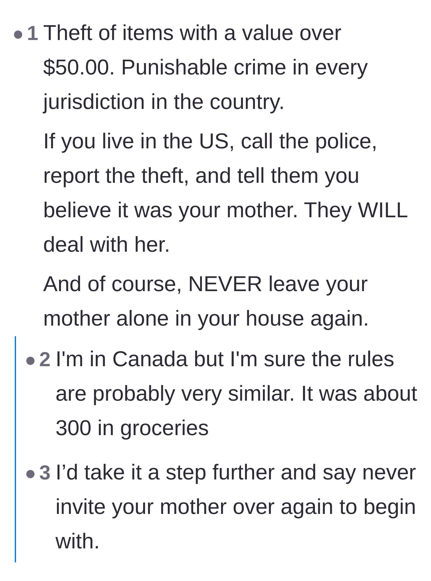 Comment thread 2 - A debate on the legalities of the food theft and evaluating whether cutting off a toxic family member is worth losing potential childcare help.