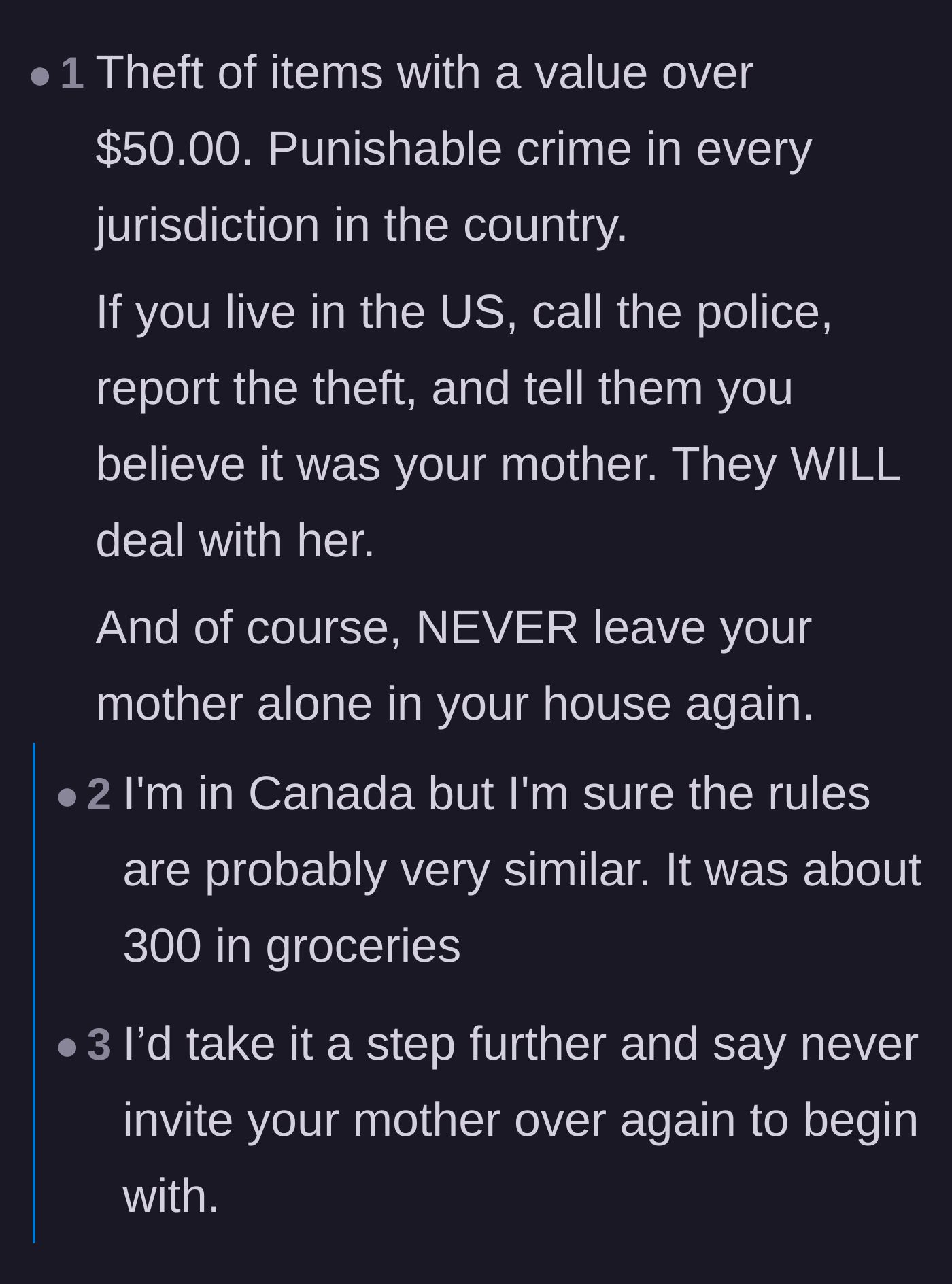 Comment thread 2 - A debate on the legalities of the food theft and evaluating whether cutting off a toxic family member is worth losing potential childcare help.