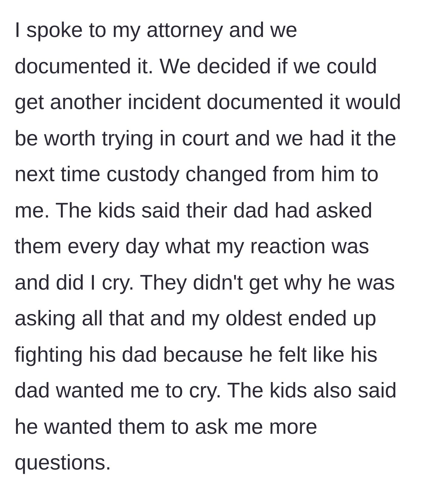 Story part 5 - The oldest son gets into a fight with his father because the father obsessively asked if the mother cried at the pregnancy news.