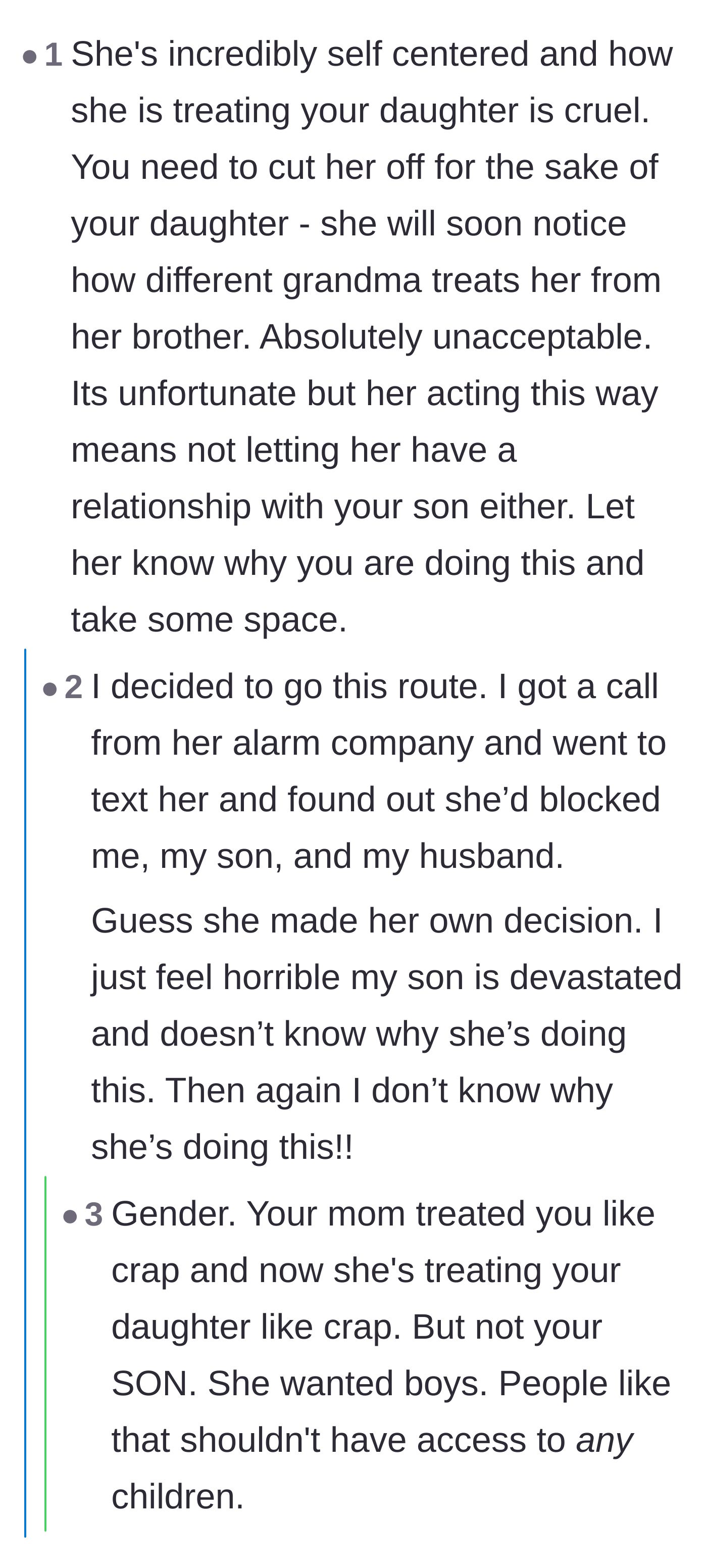 Comment thread 1 - Discussing the grandmother's internalized misogyny and the agonizing realization that she blocked the family.