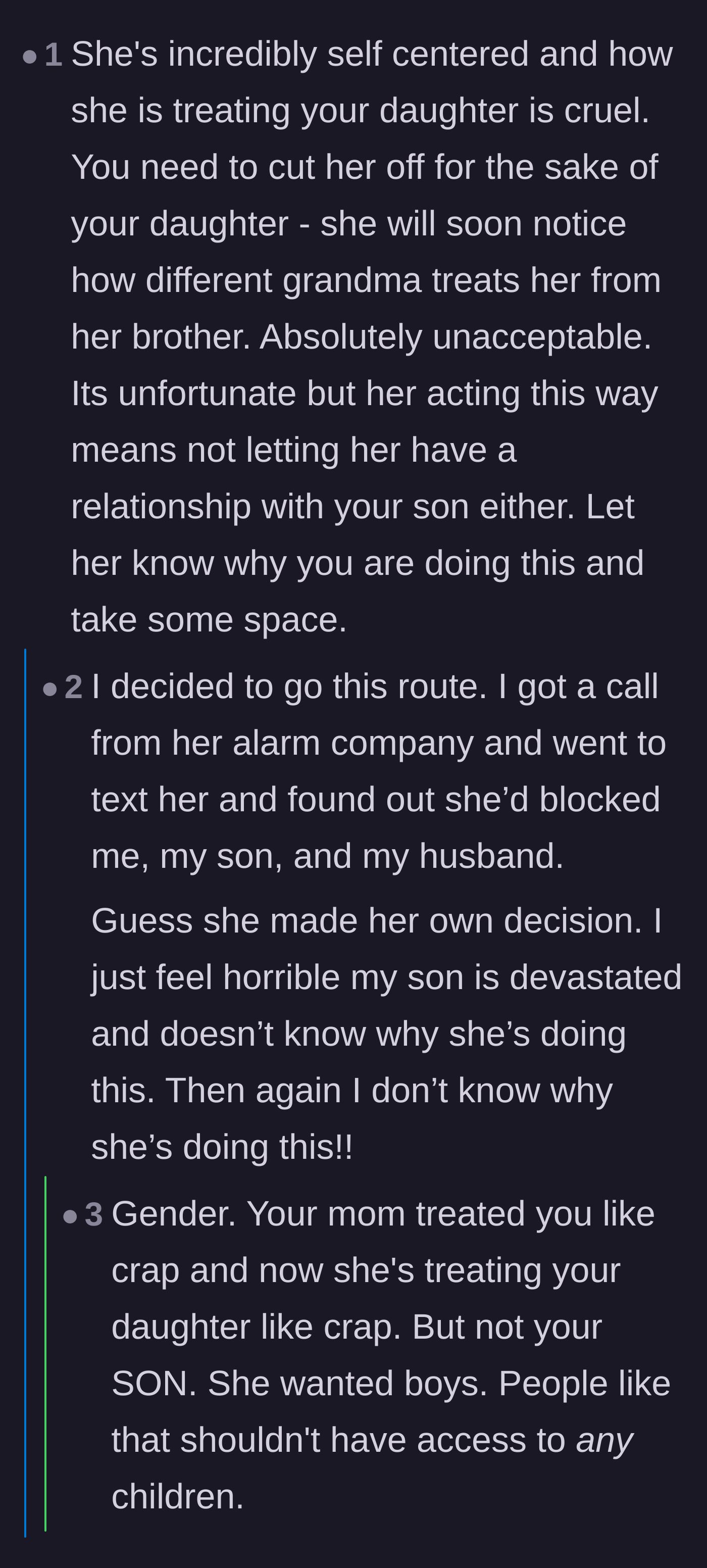 Comment thread 1 - Discussing the grandmother's internalized misogyny and the agonizing realization that she blocked the family.