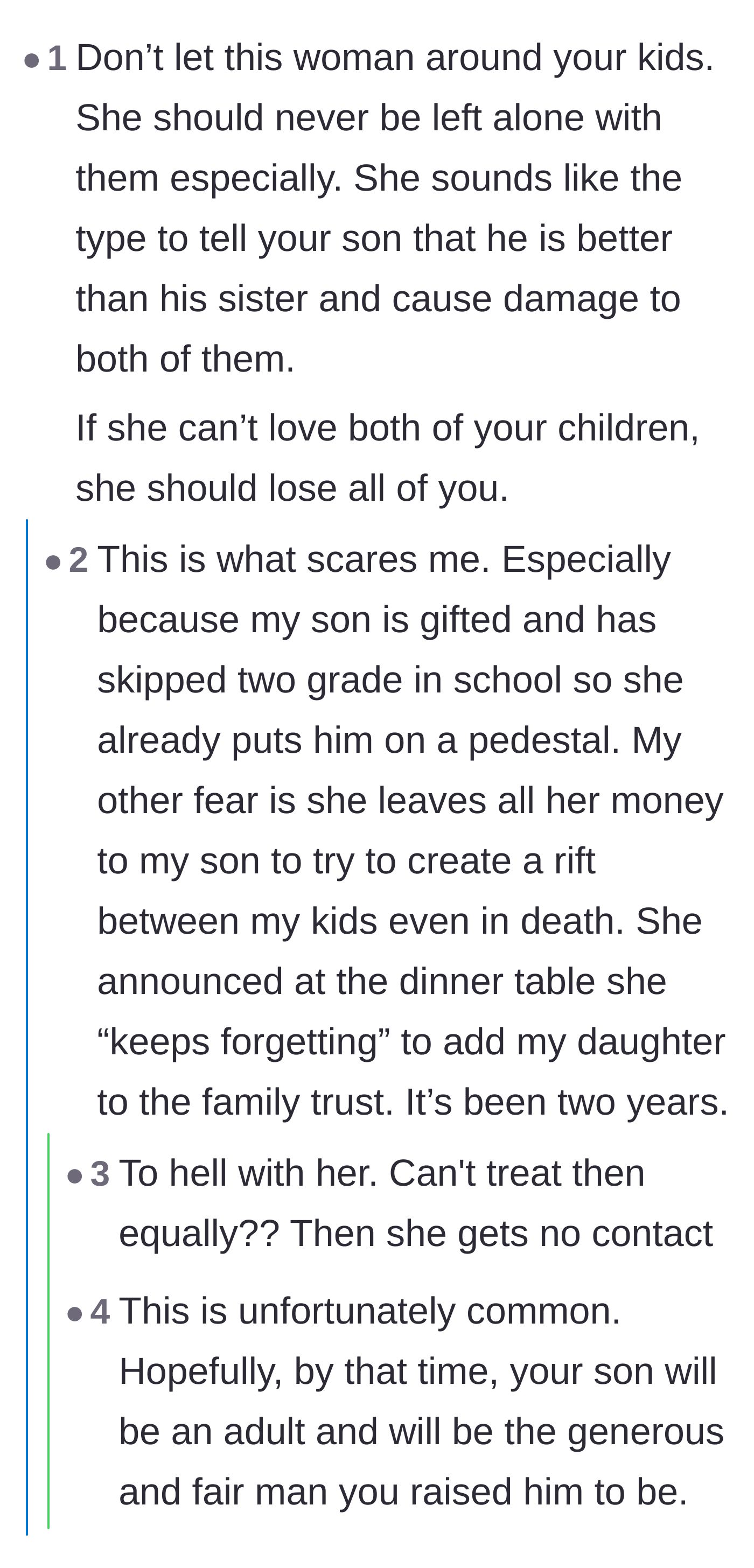 Comment thread 2 - Warning about the grandmother weaponizing her family trust to pit the siblings against each other.
