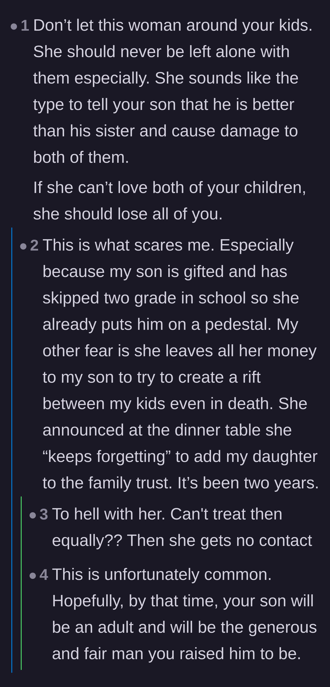 Comment thread 2 - Warning about the grandmother weaponizing her family trust to pit the siblings against each other.