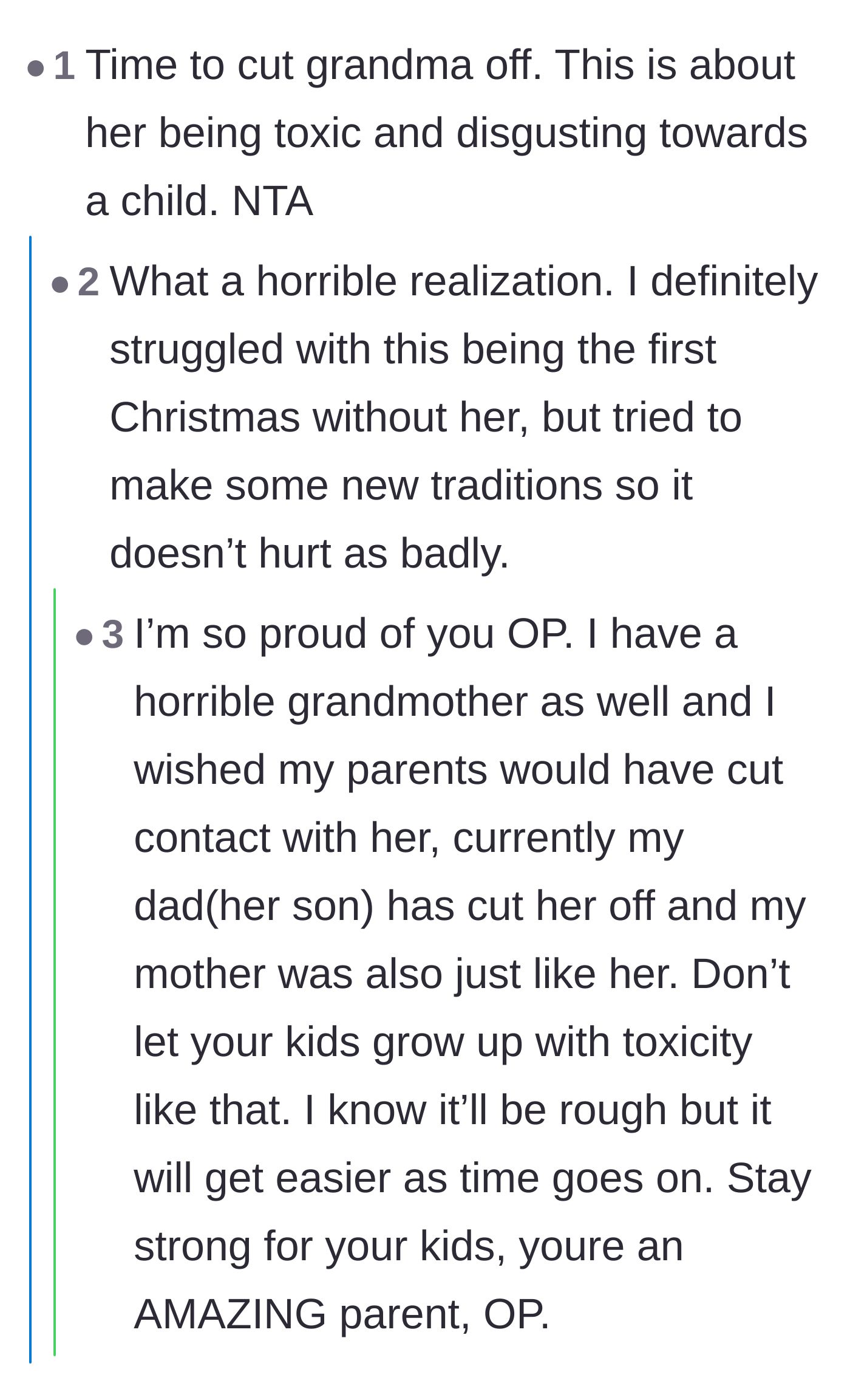 Comment thread 3 - Support for the mother navigating the heavy grief of her first Christmas after cutting ties.