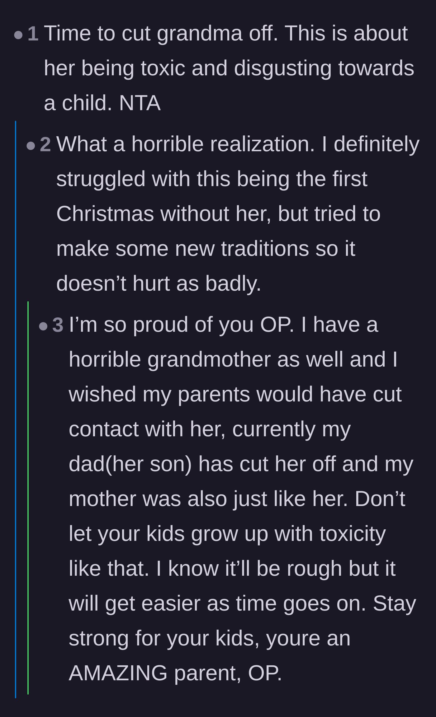 Comment thread 3 - Support for the mother navigating the heavy grief of her first Christmas after cutting ties.