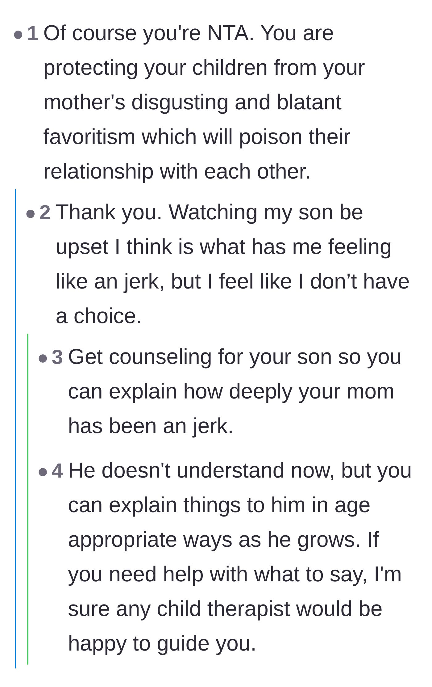 Comment thread 4 - Advice on navigating the son's grief and validating the mother's guilt over setting boundaries.