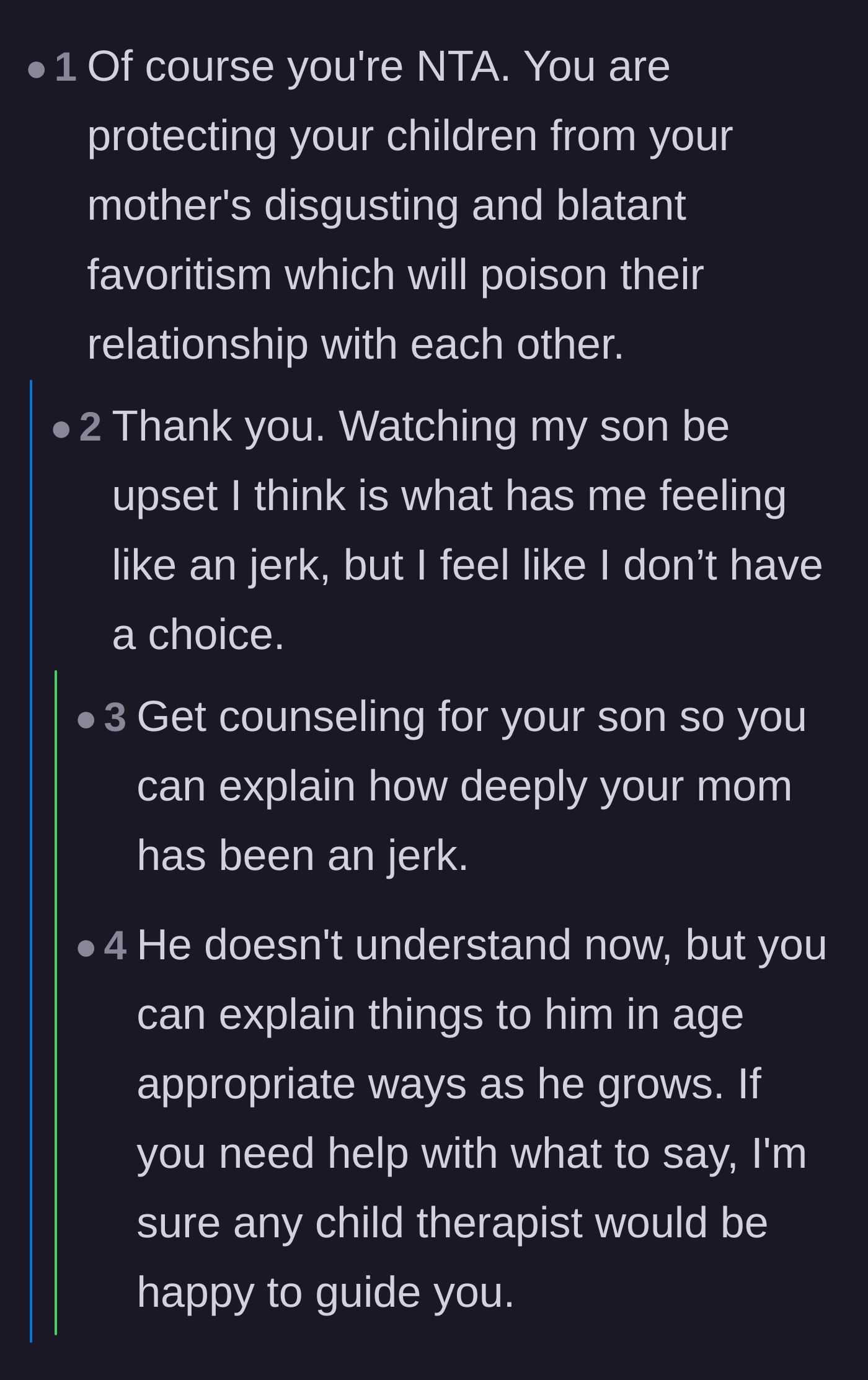 Comment thread 4 - Advice on navigating the son's grief and validating the mother's guilt over setting boundaries.