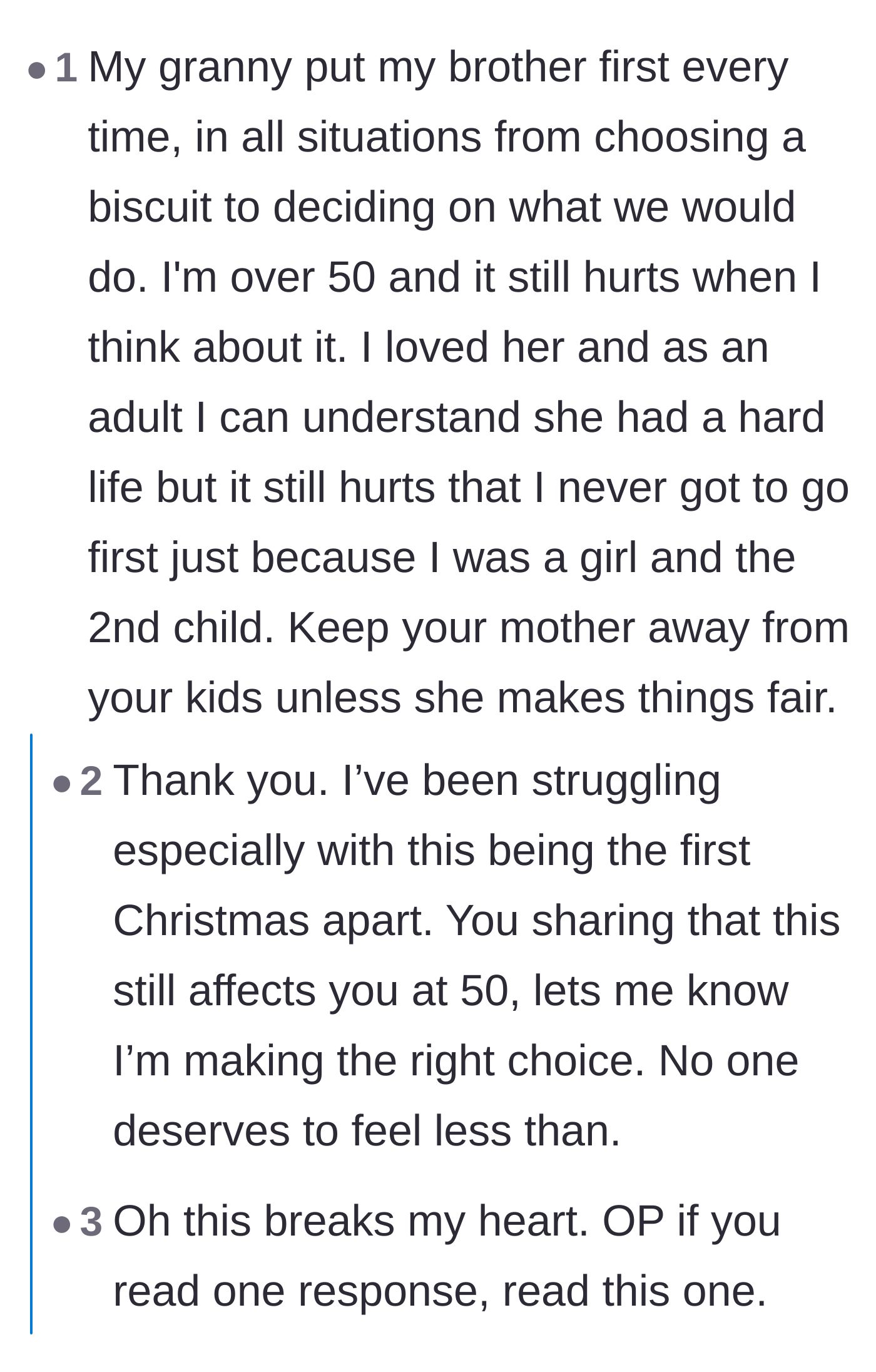 Comment thread 5 - A fifty-year-old reader sharing how the pain of being the unfavored granddaughter never truly fades.