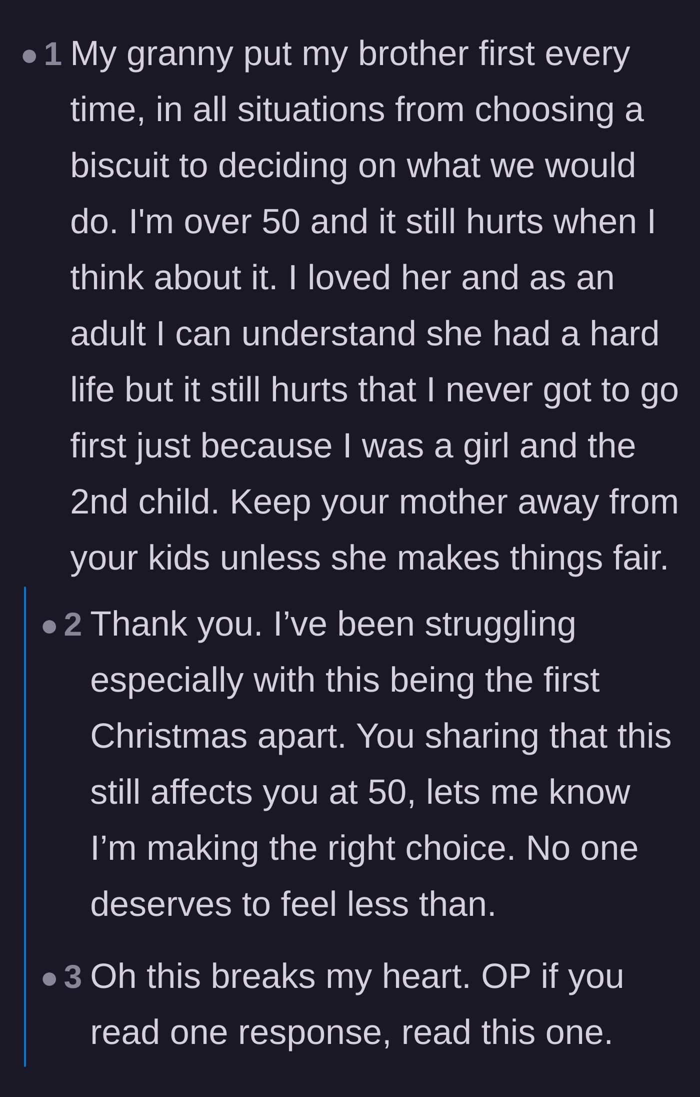 Comment thread 5 - A fifty-year-old reader sharing how the pain of being the unfavored granddaughter never truly fades.