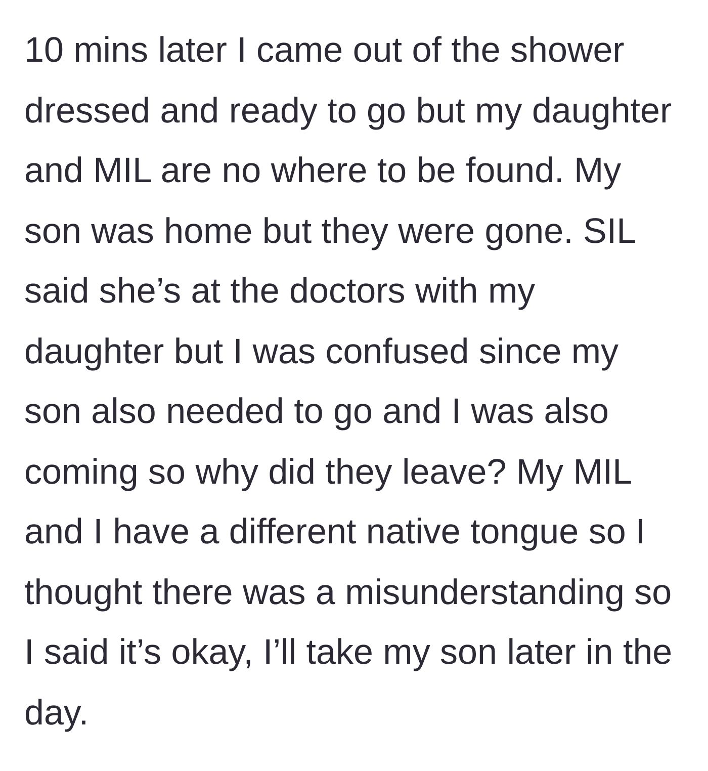 Story part 2 - The mother discovers her mother-in-law has already left for the clinic with her sick daughter, leaving her confused but trusting.