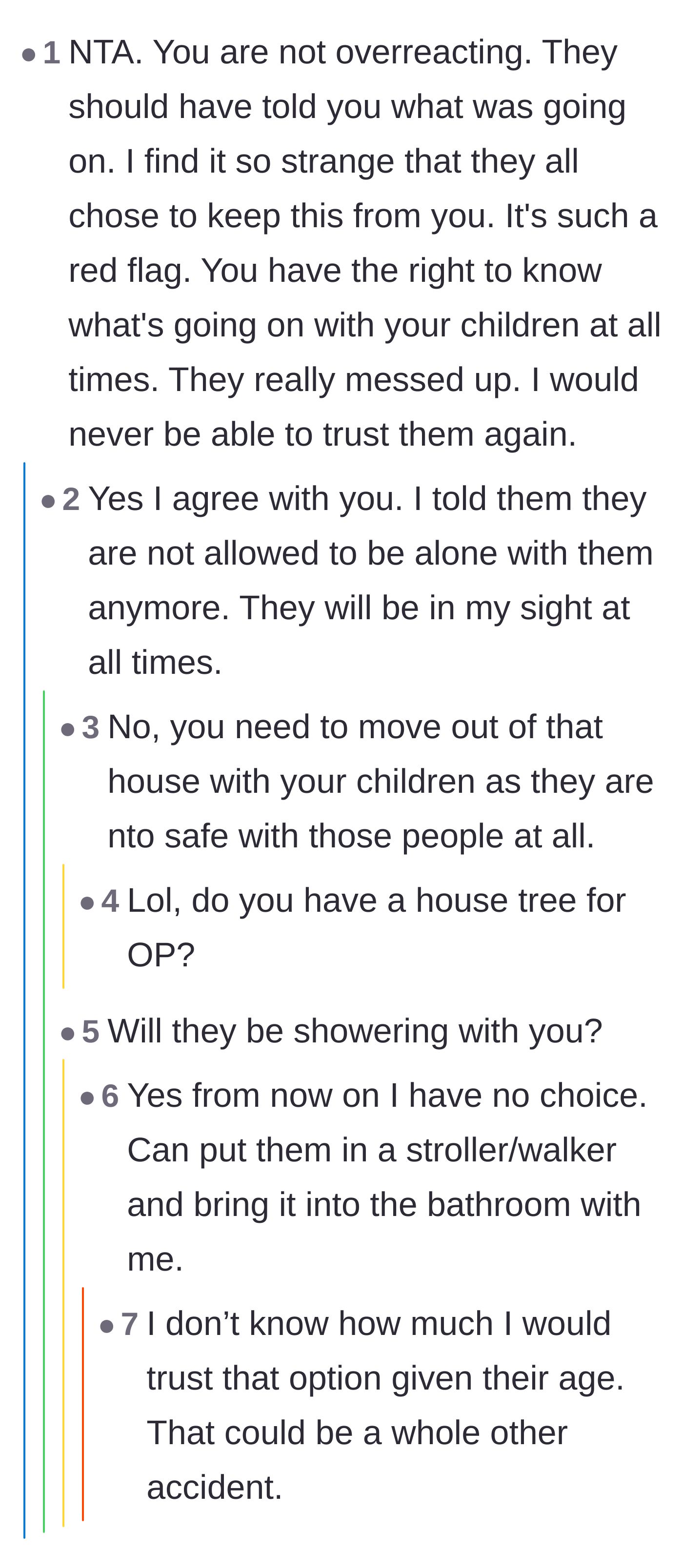 Comment thread 2 - A thread validating the mother's reaction, leading to her sad admission that she will now have to bring her kids into the bathroom while showering.
