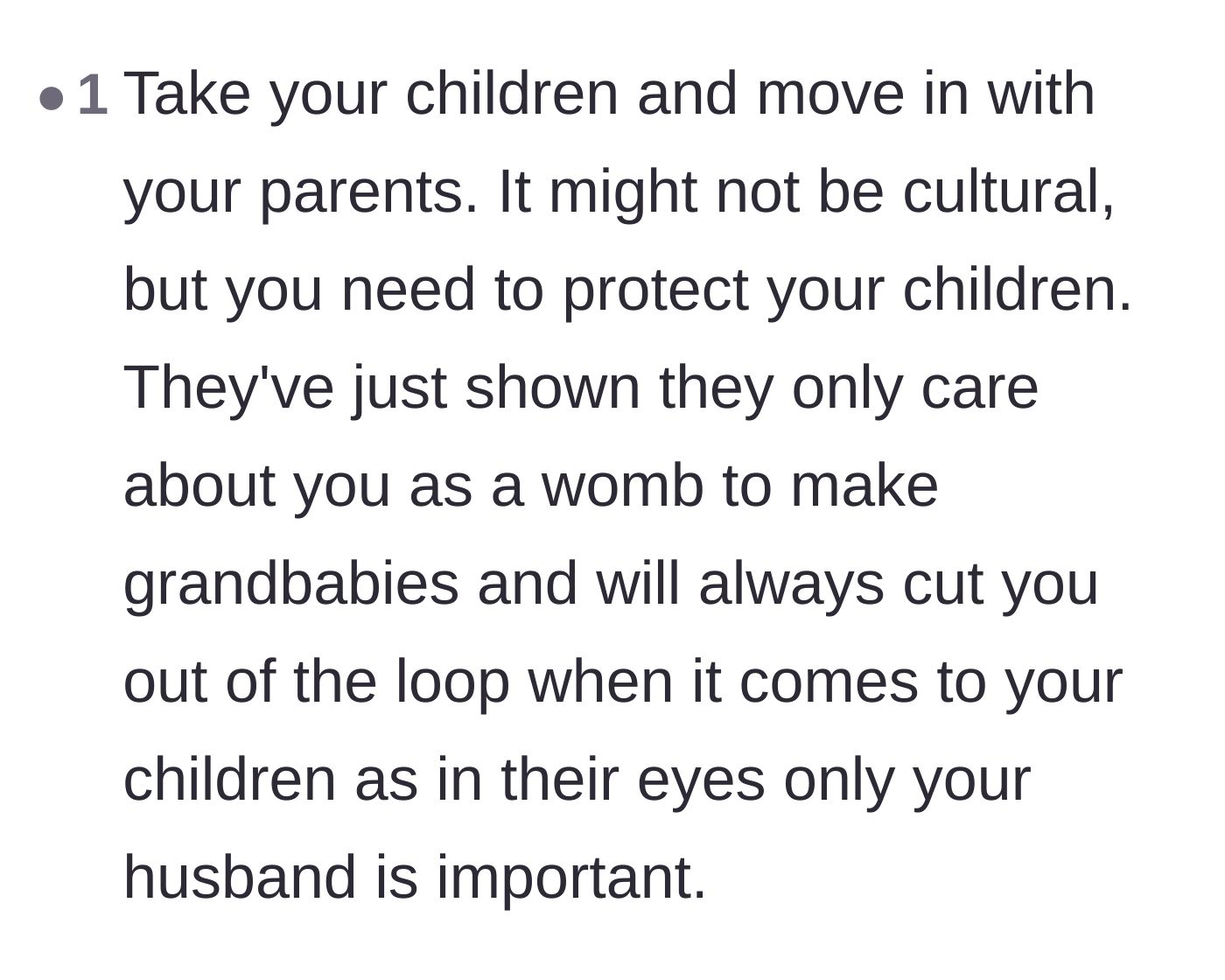 Comment thread 3 - Advice urging the mother to move out because the in-laws treat her like a mere incubator.