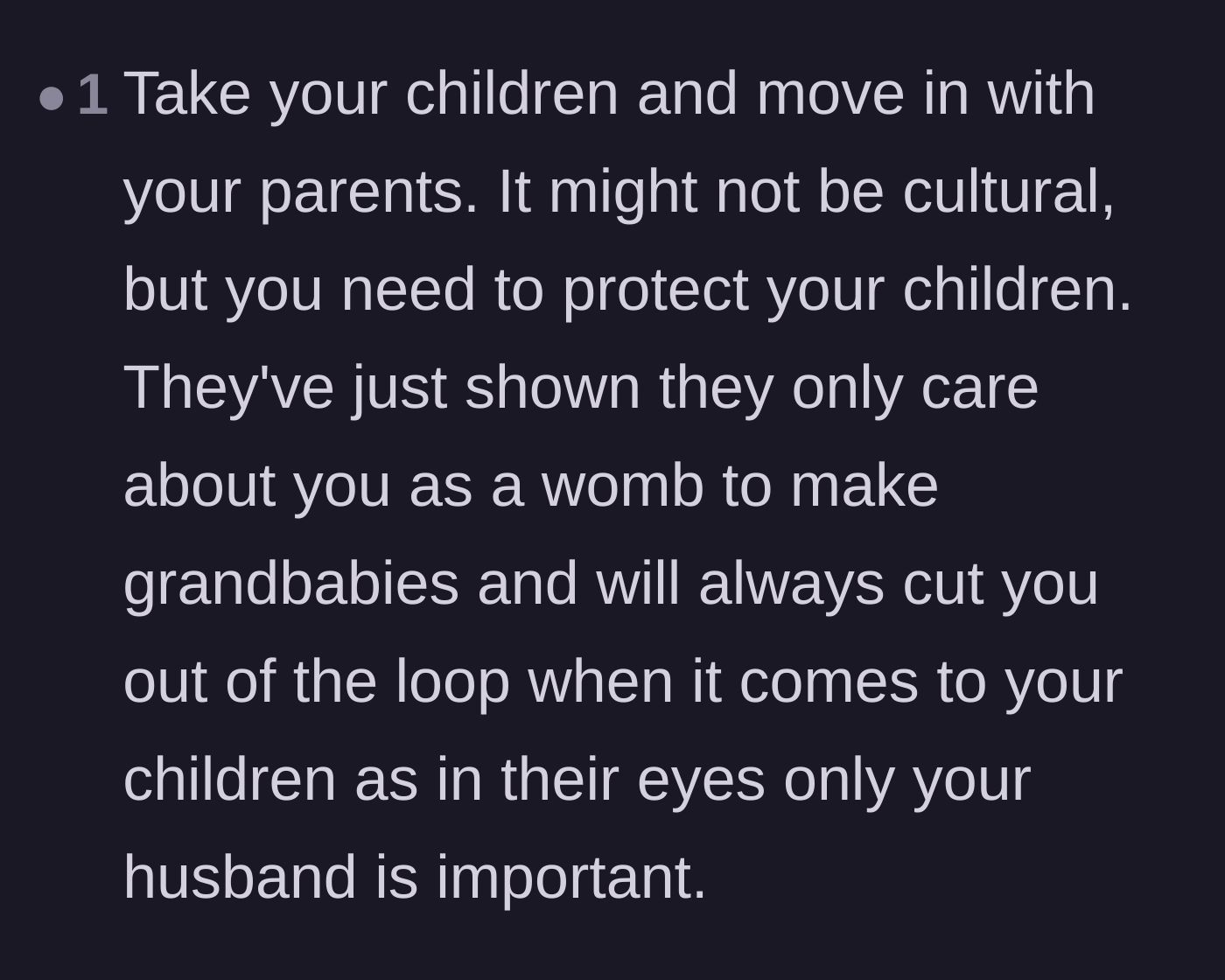 Comment thread 3 - Advice urging the mother to move out because the in-laws treat her like a mere incubator.