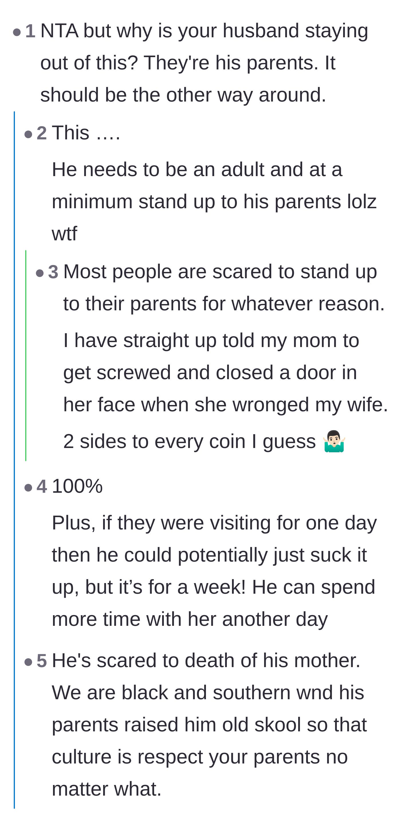 Comment thread 1 - A discussion about the husband's refusal to intervene and the cultural expectations of respecting parents.