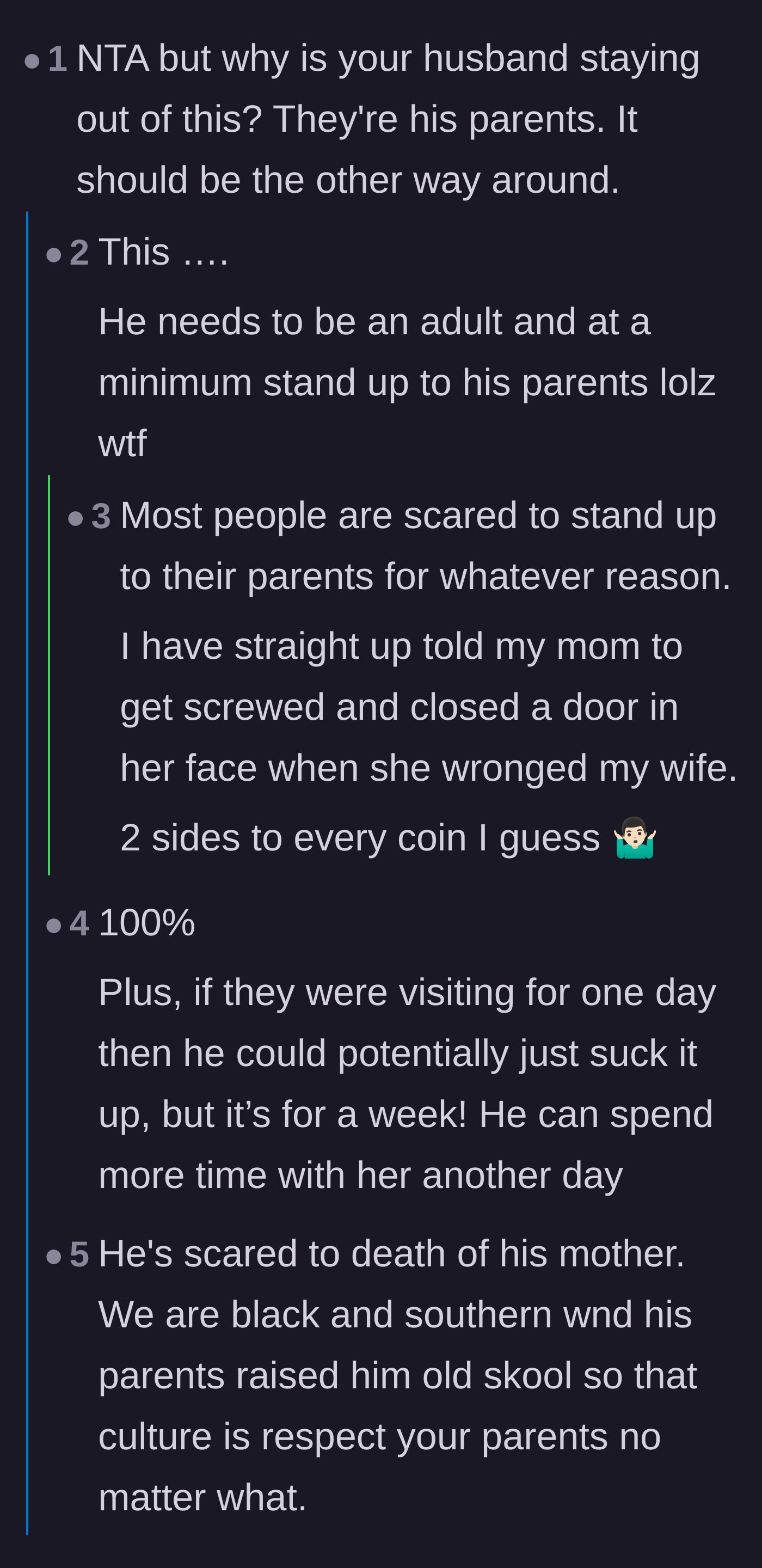 Comment thread 1 - A discussion about the husband's refusal to intervene and the cultural expectations of respecting parents.