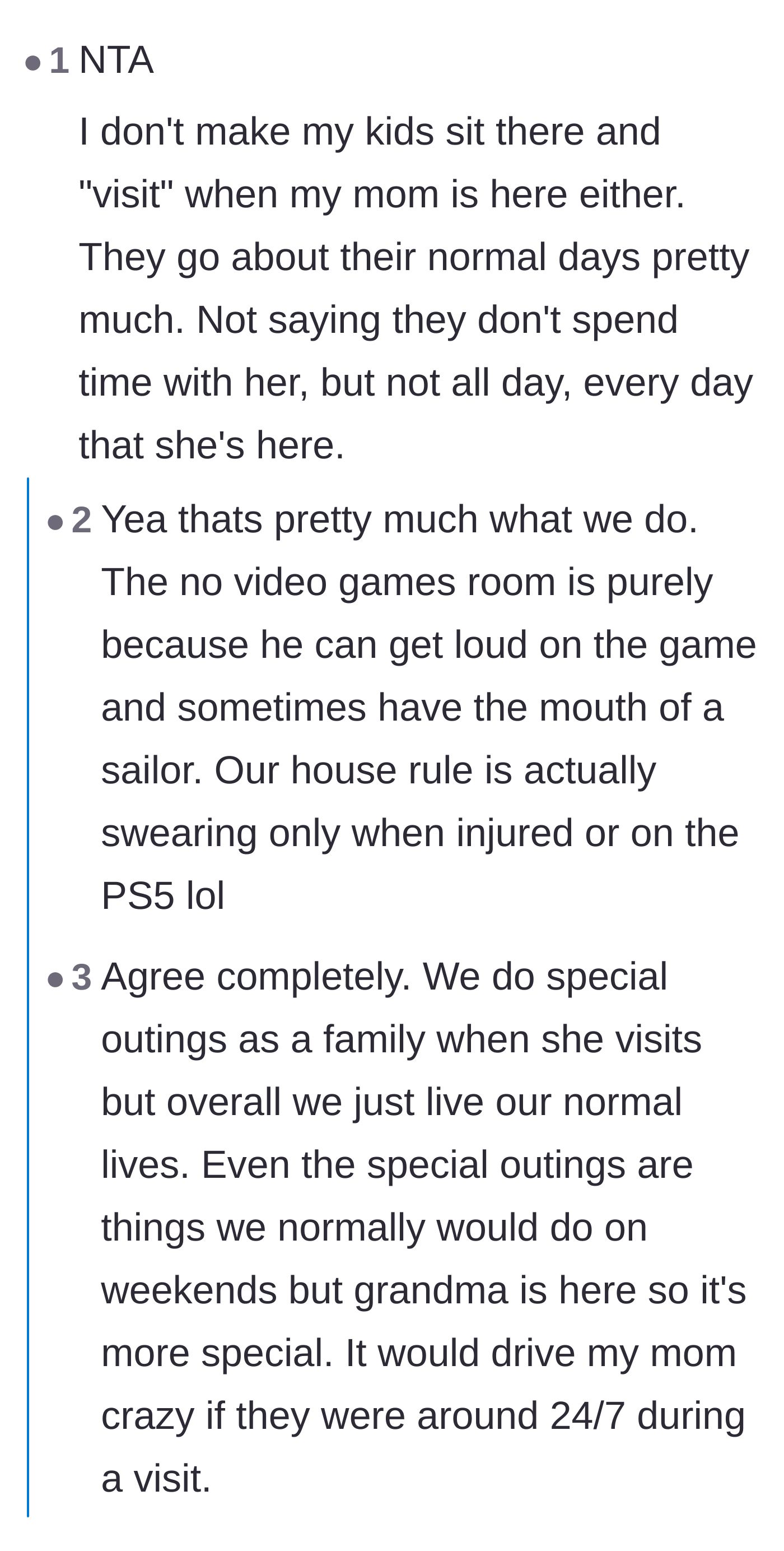 Comment thread 2 - Readers agreeing that children shouldn't have to pause their lives for visiting relatives, alongside a tangent about household swearing rules.