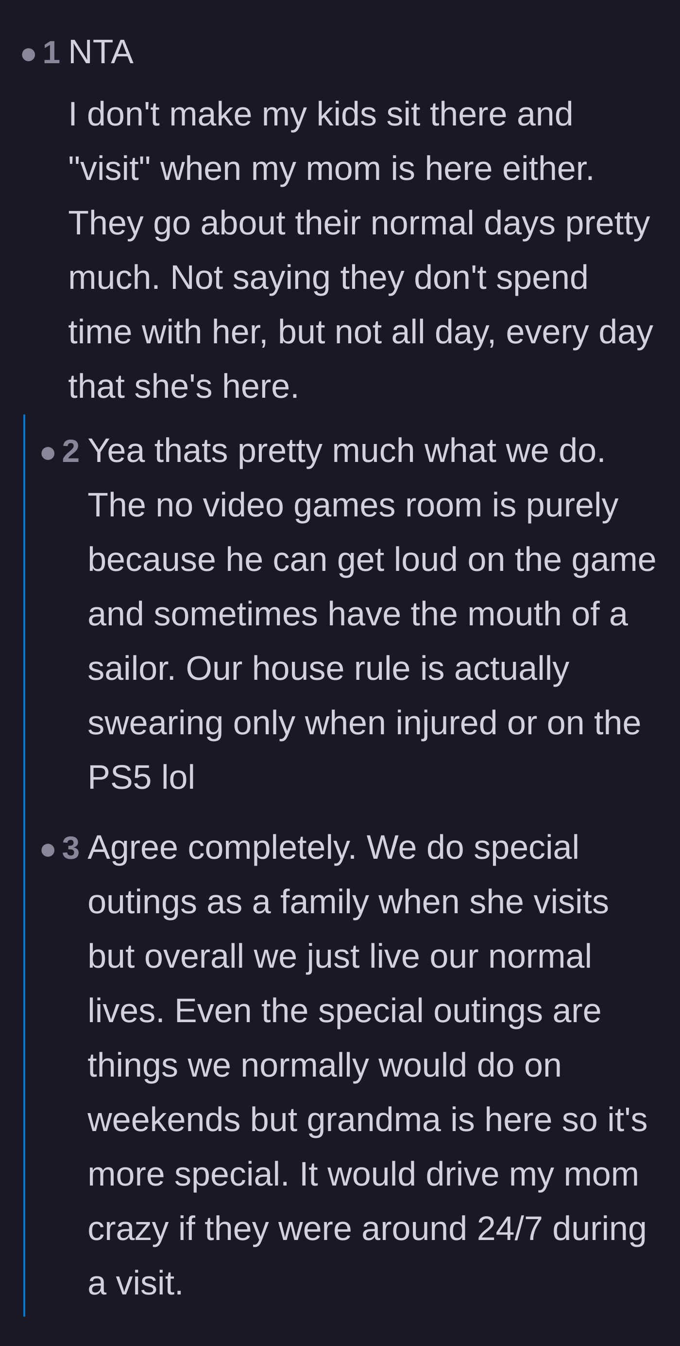 Comment thread 2 - Readers agreeing that children shouldn't have to pause their lives for visiting relatives, alongside a tangent about household swearing rules.