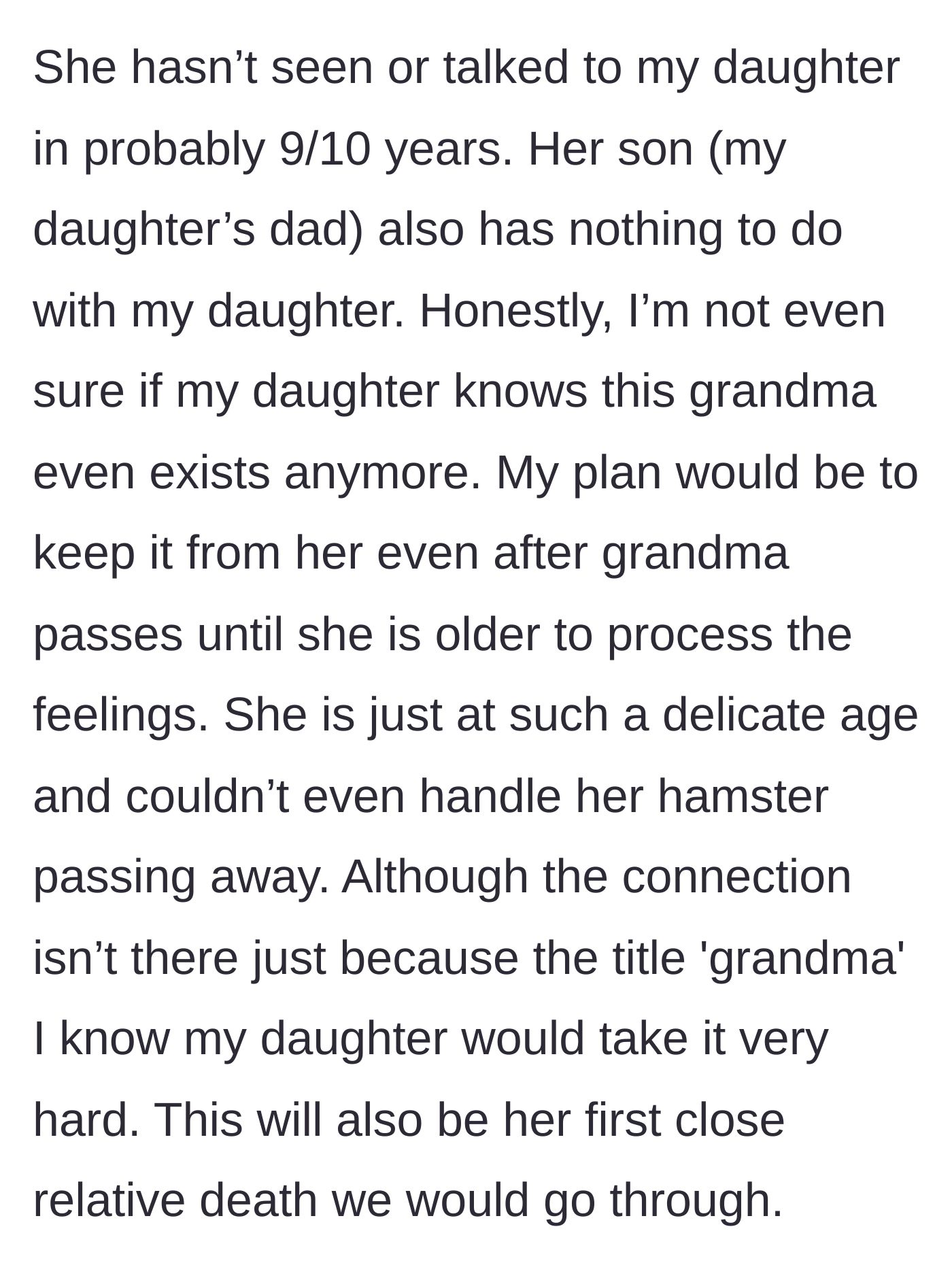 Story part 2 - The mother contemplates the grandmother's prolonged absence, the father's abandonment, and her daughter's delicate emotional state in the face of loss.